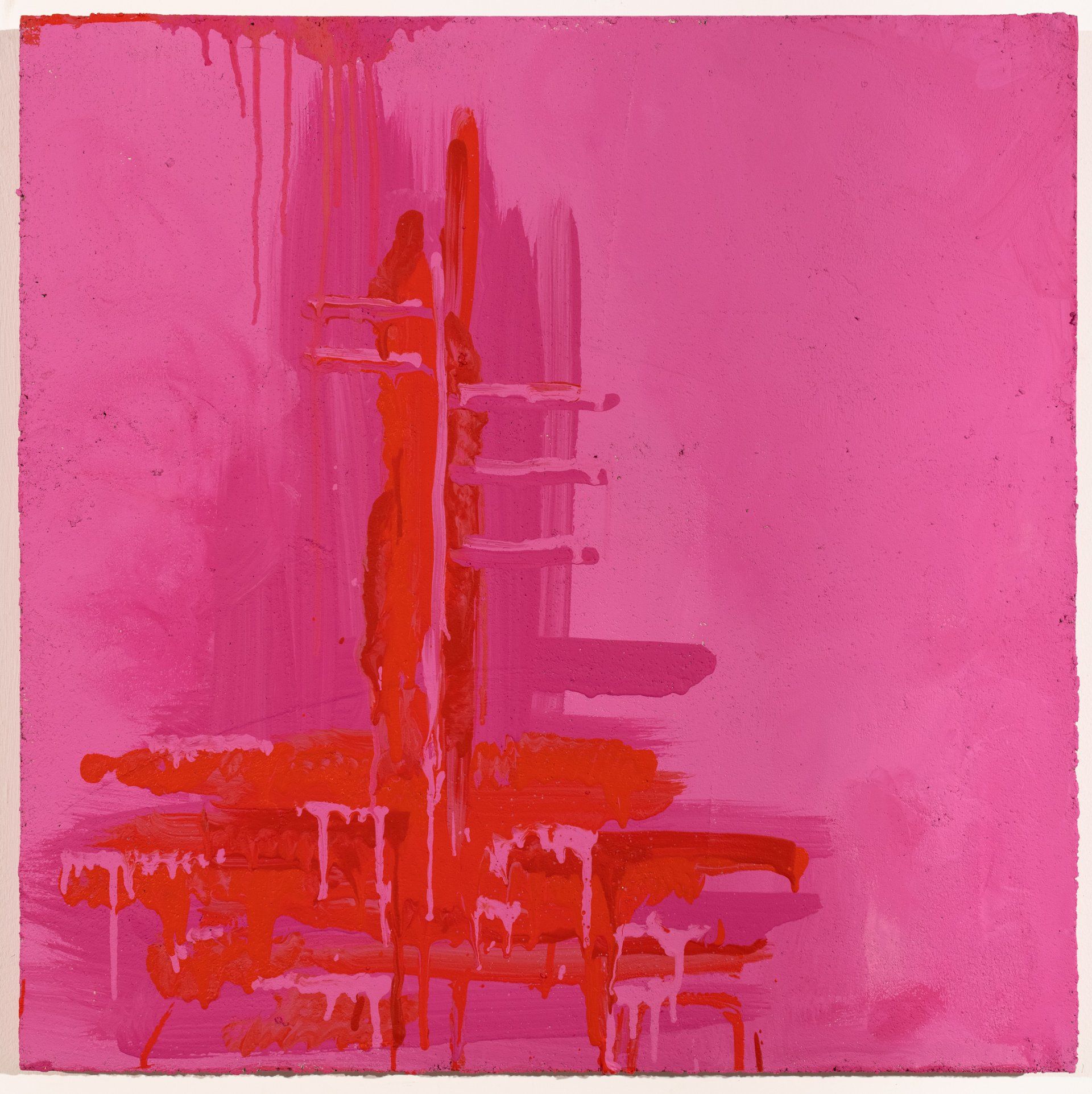 A pink and red painting of a building on a pink background.