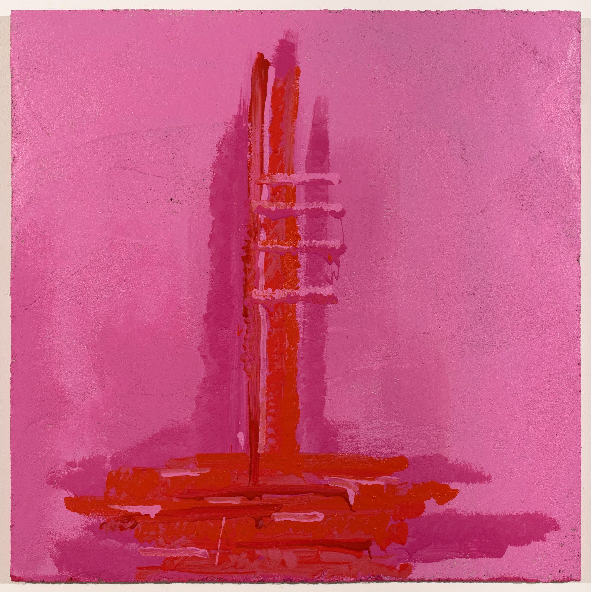 A pink and red painting of a ladder on a pink background.