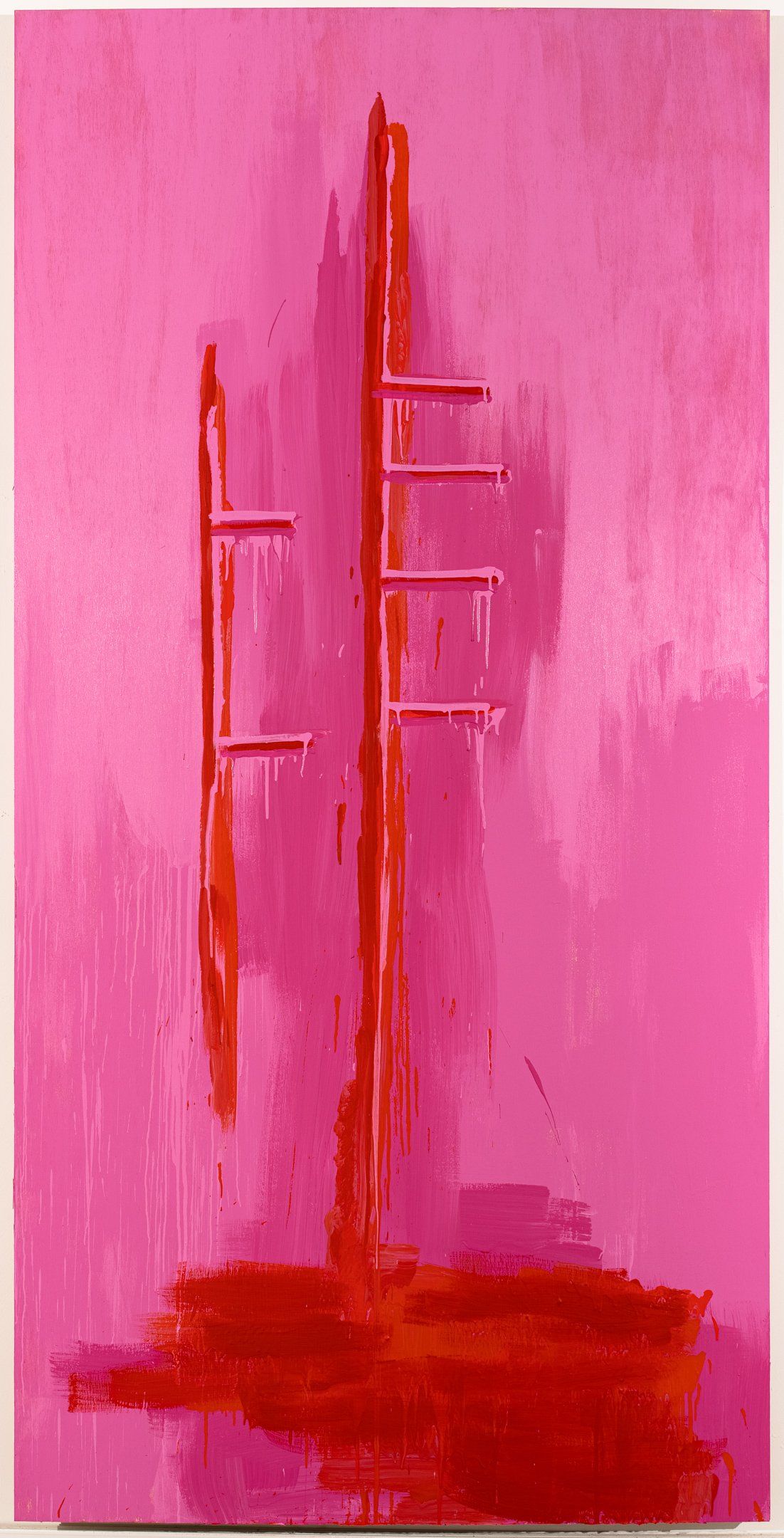 A pink and red painting of a ladder on a pink background.