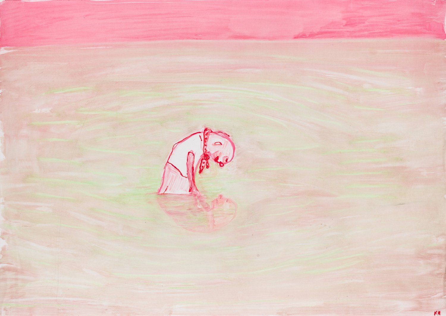 A drawing of a person kneeling down in the water.