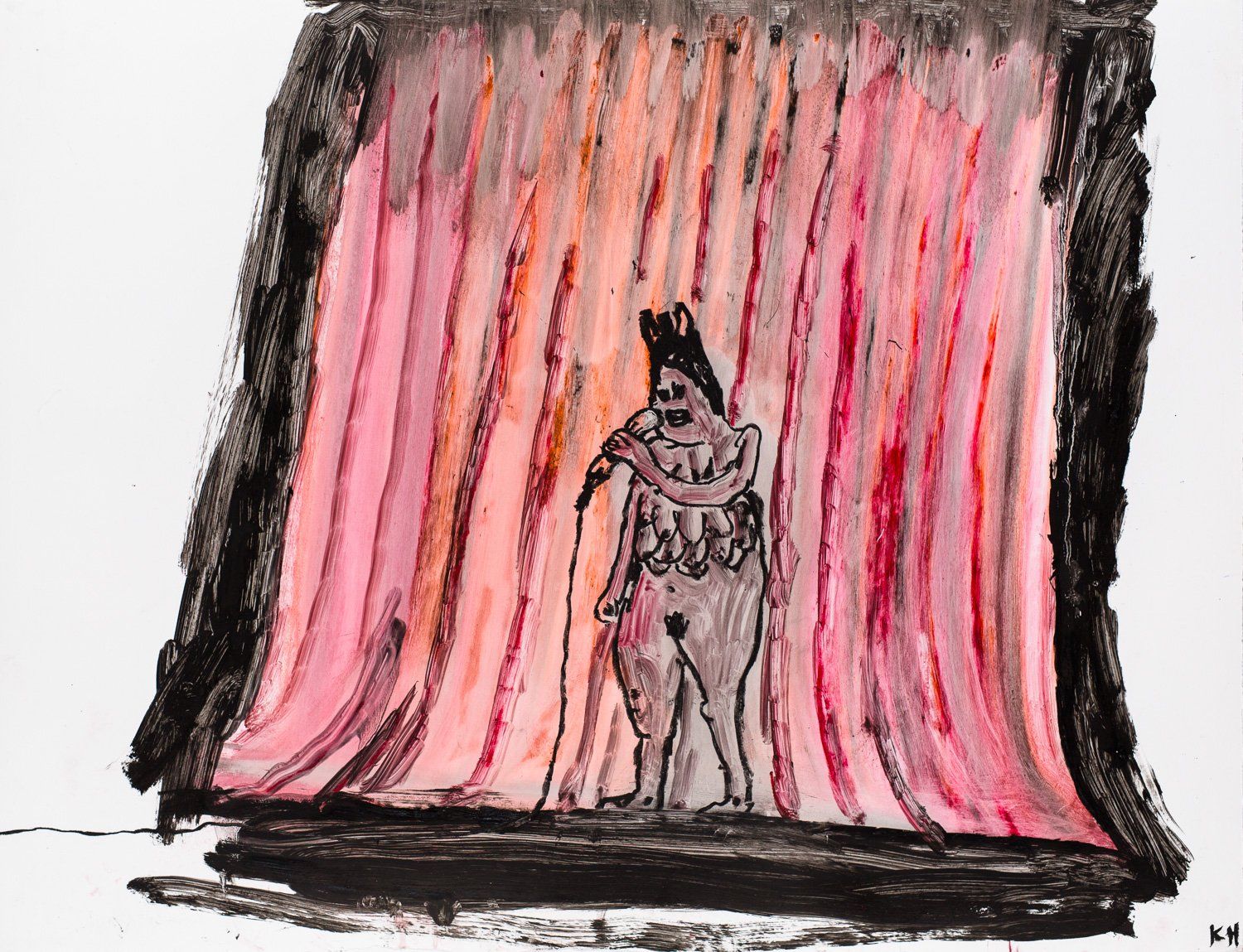 A drawing of a woman standing in front of a pink curtain