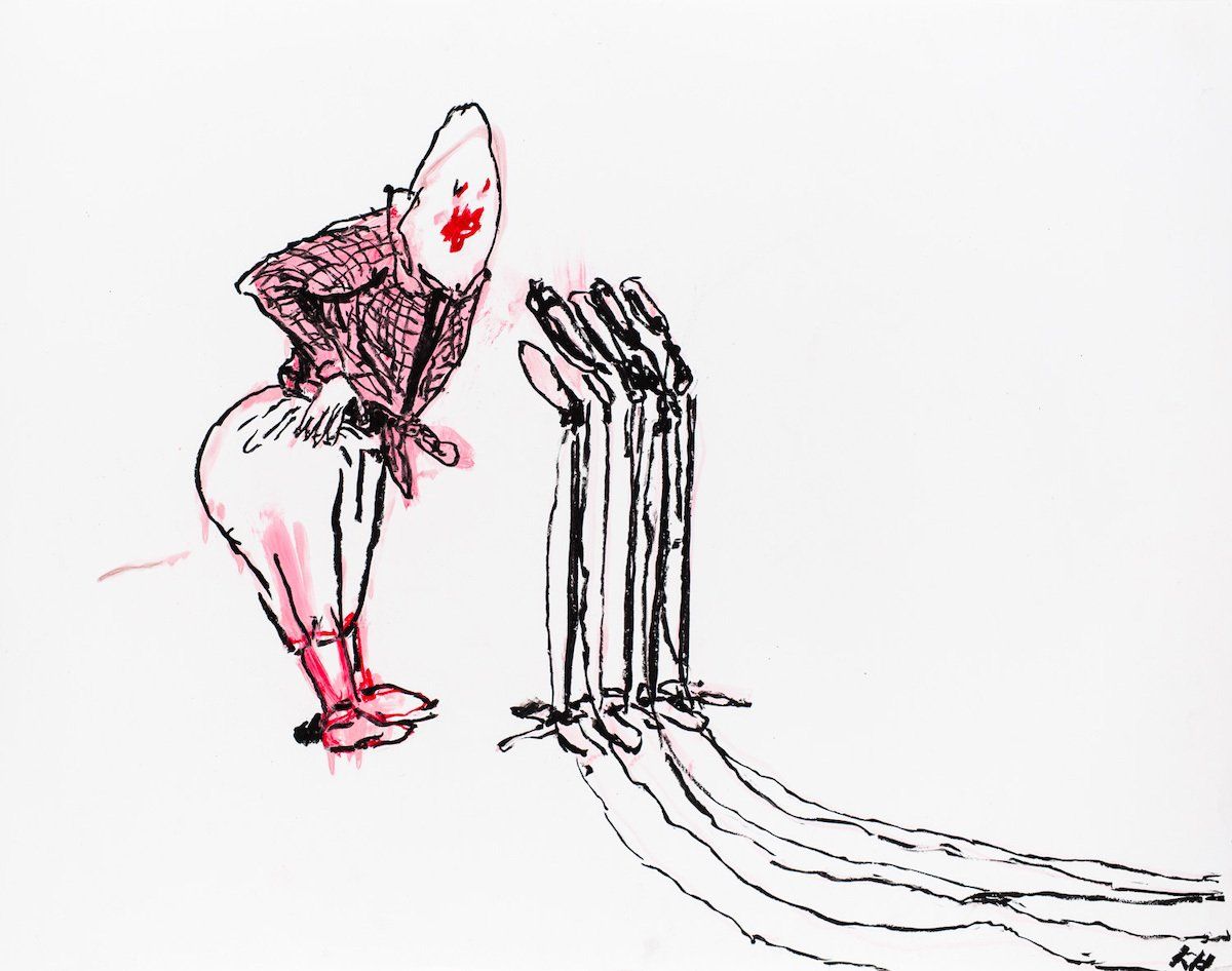 A drawing of a man with a red cross on his face