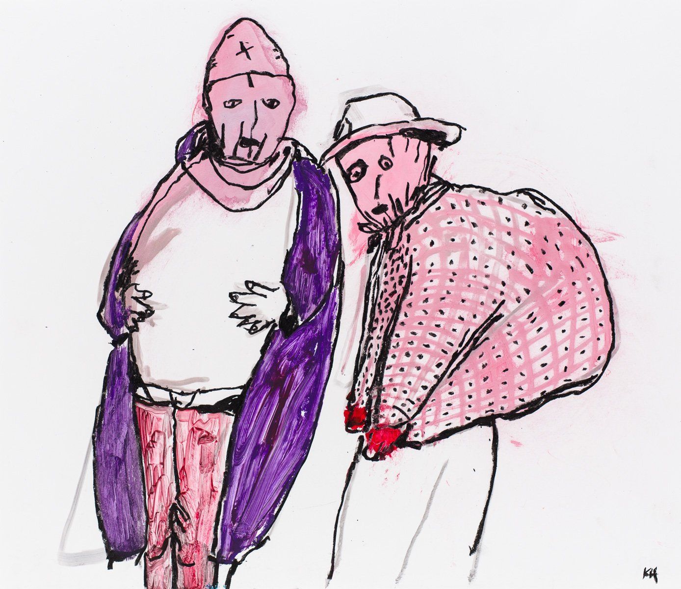 A drawing of two people with one wearing a pink hat