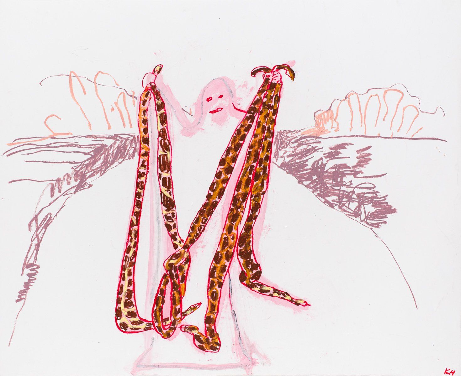A drawing of two giraffes standing next to each other on a white background.