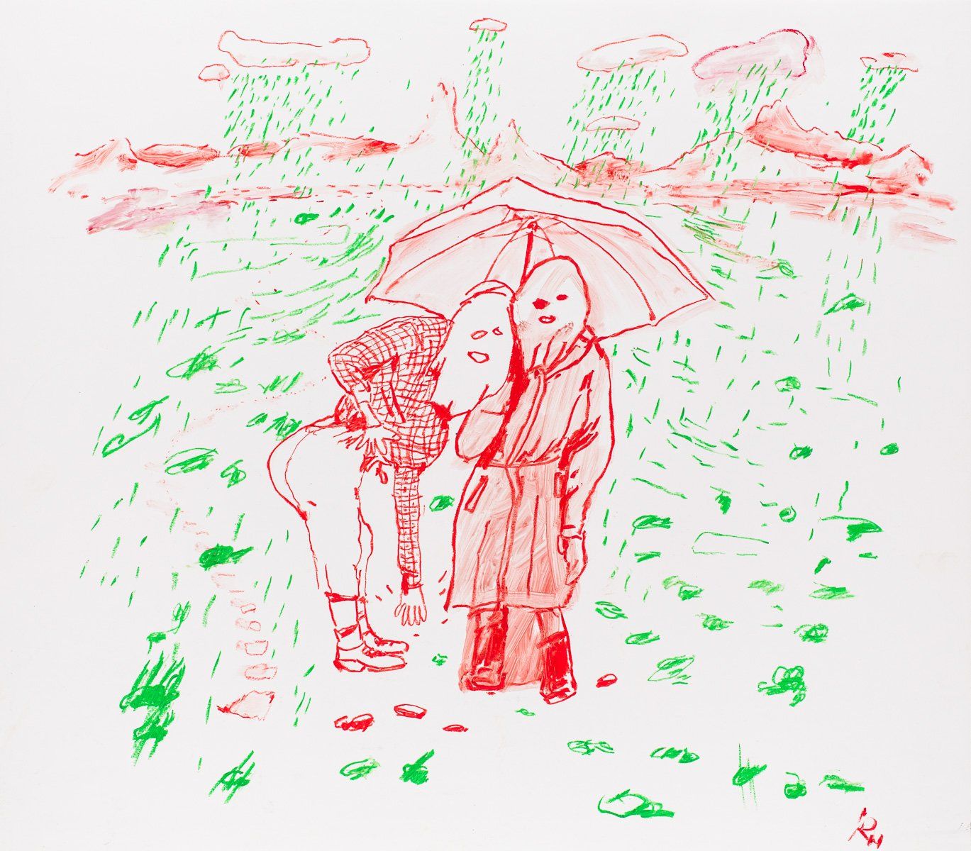 A drawing of two people holding umbrellas in the rain