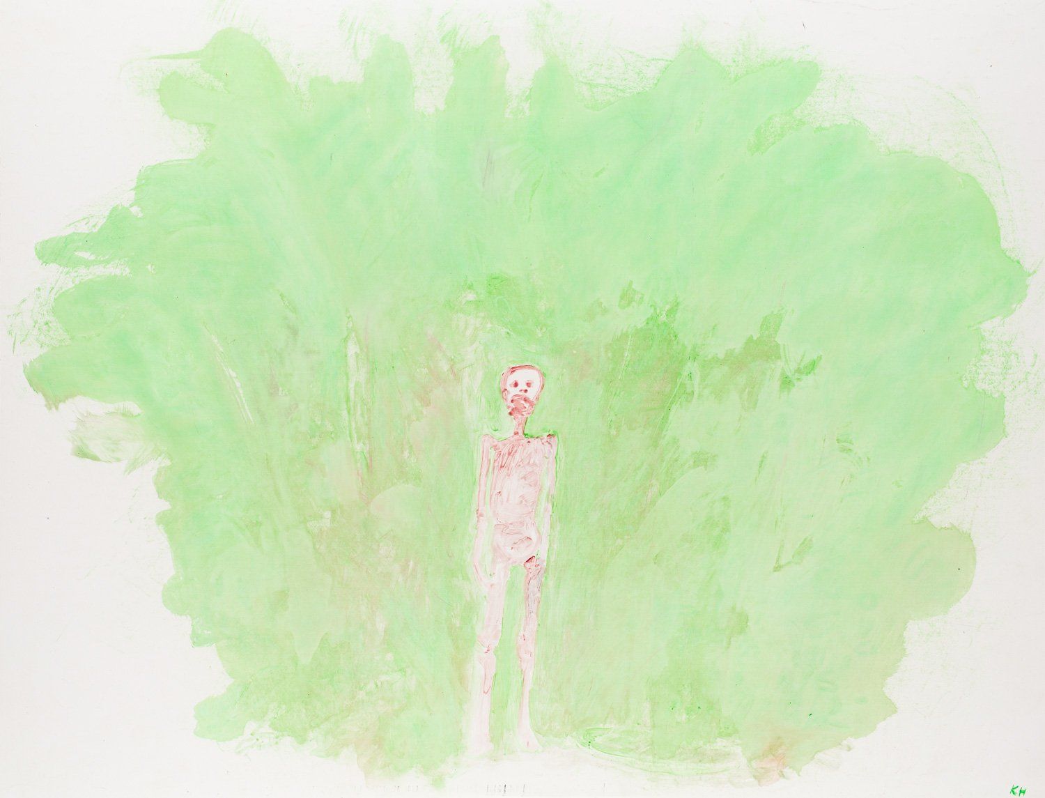 A drawing of a figure on a green background.