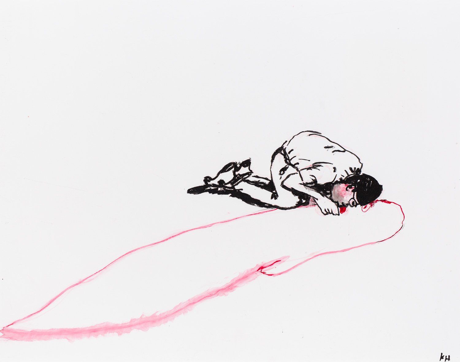 A drawing of a man kneeling down with a red ribbon around his neck