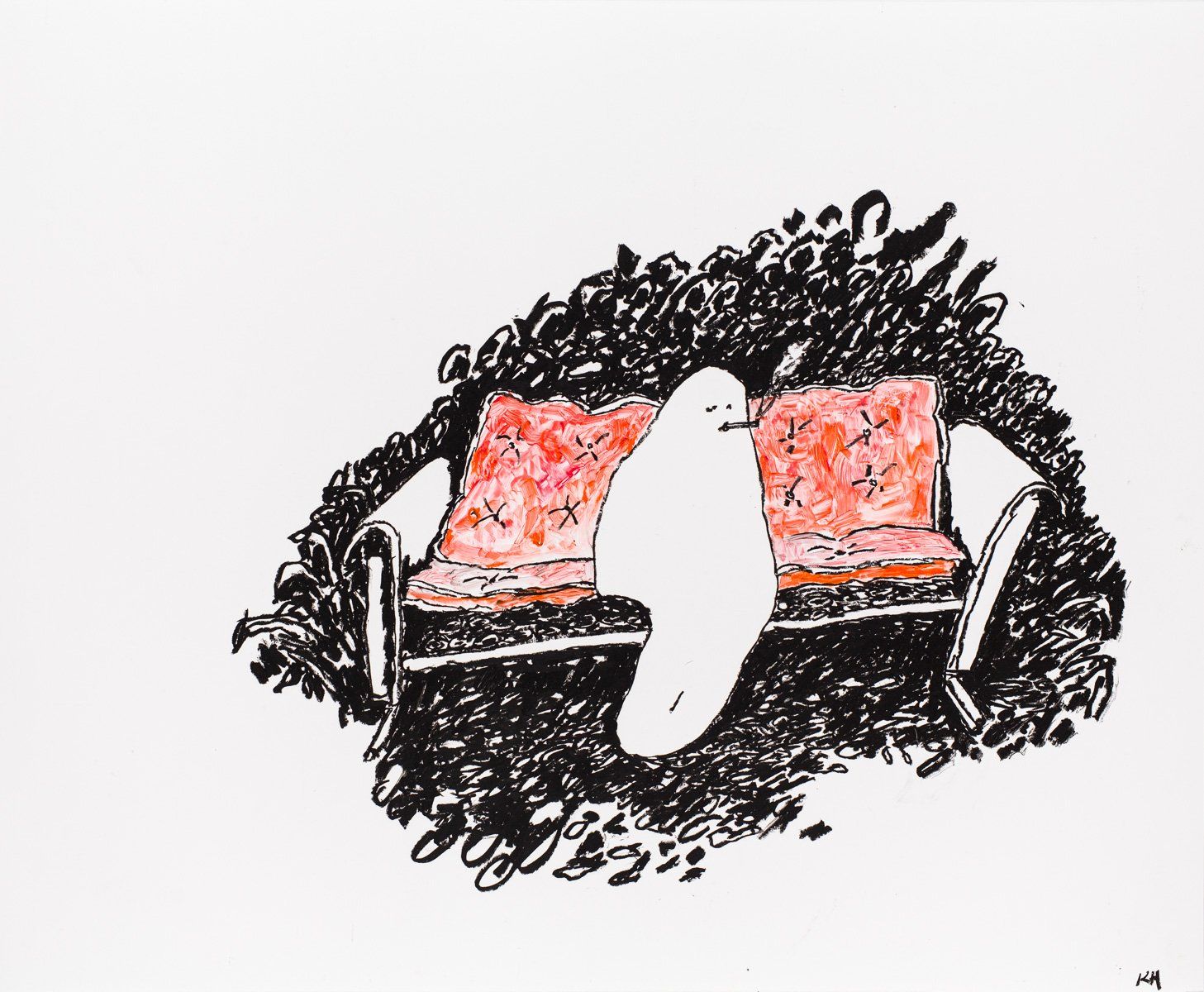 A black and white drawing of a bird sitting on a bench