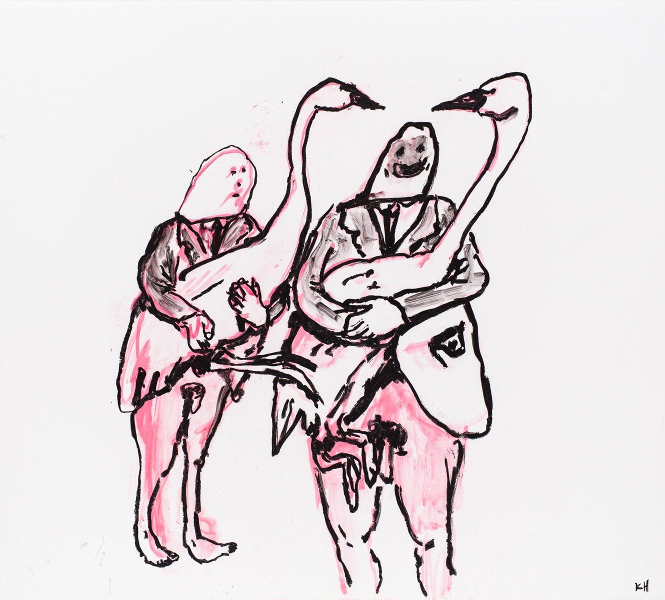 A drawing of a man holding a swan in his arms