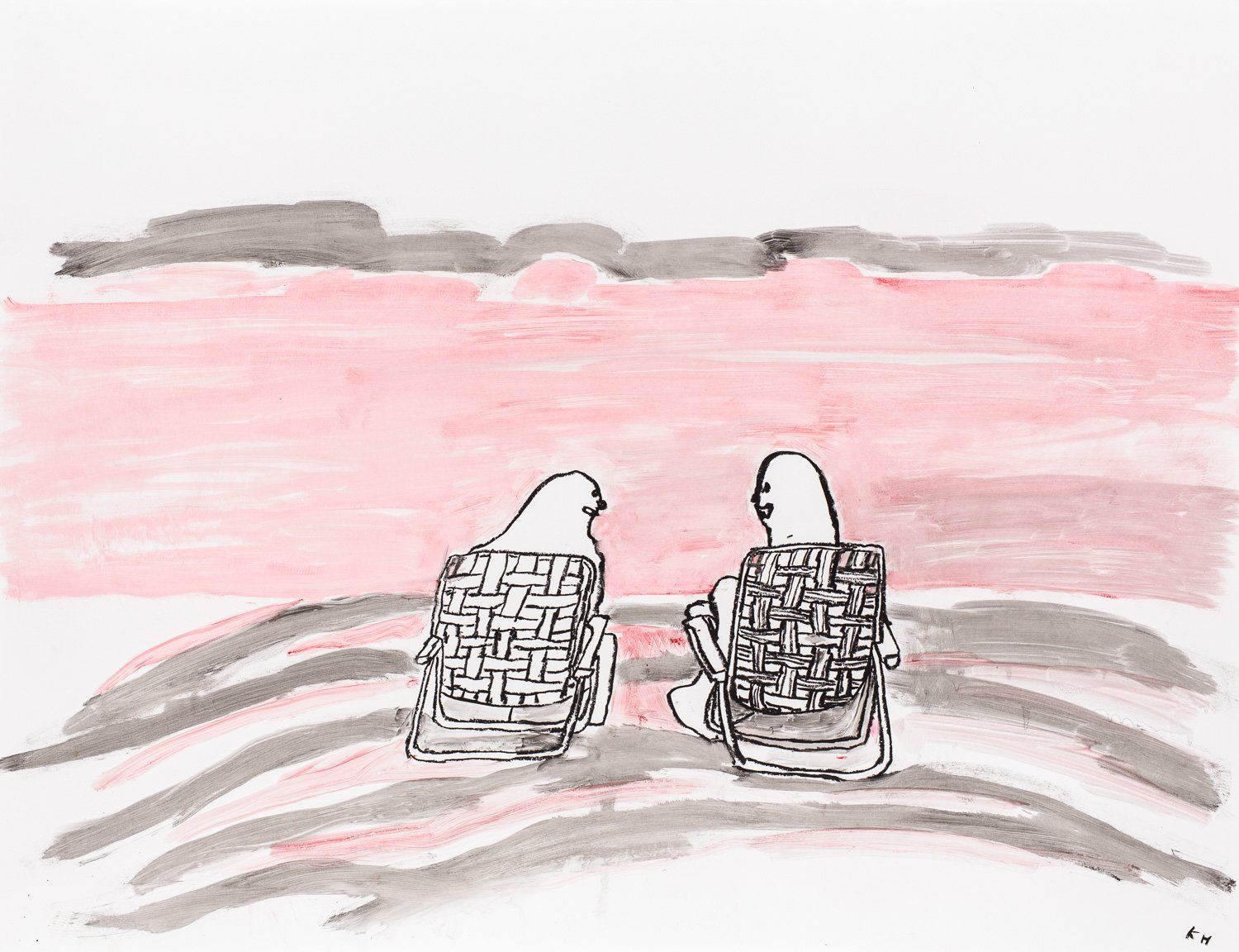 Two people are sitting in chairs on the beach looking at the ocean.