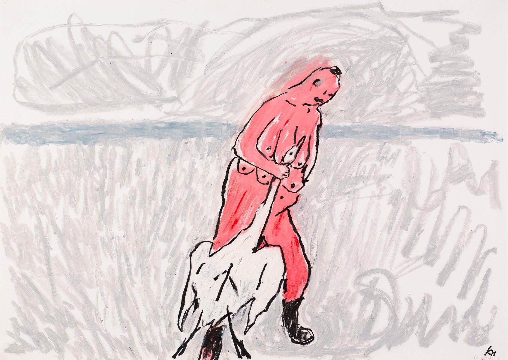 A drawing of a person carrying an animal through a grey background.