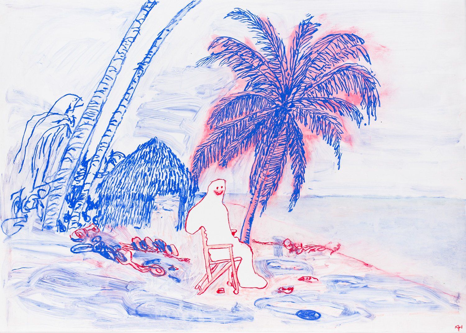 A drawing of a person sitting under a palm tree on a beach.