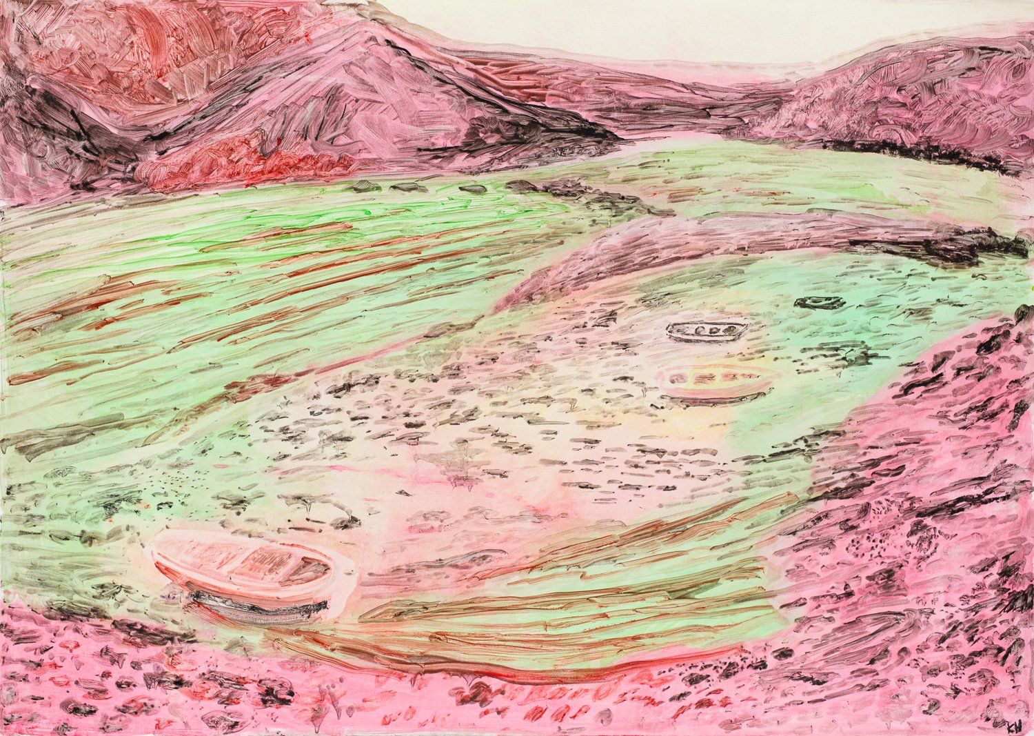It is a painting of a field with mountains in the background.