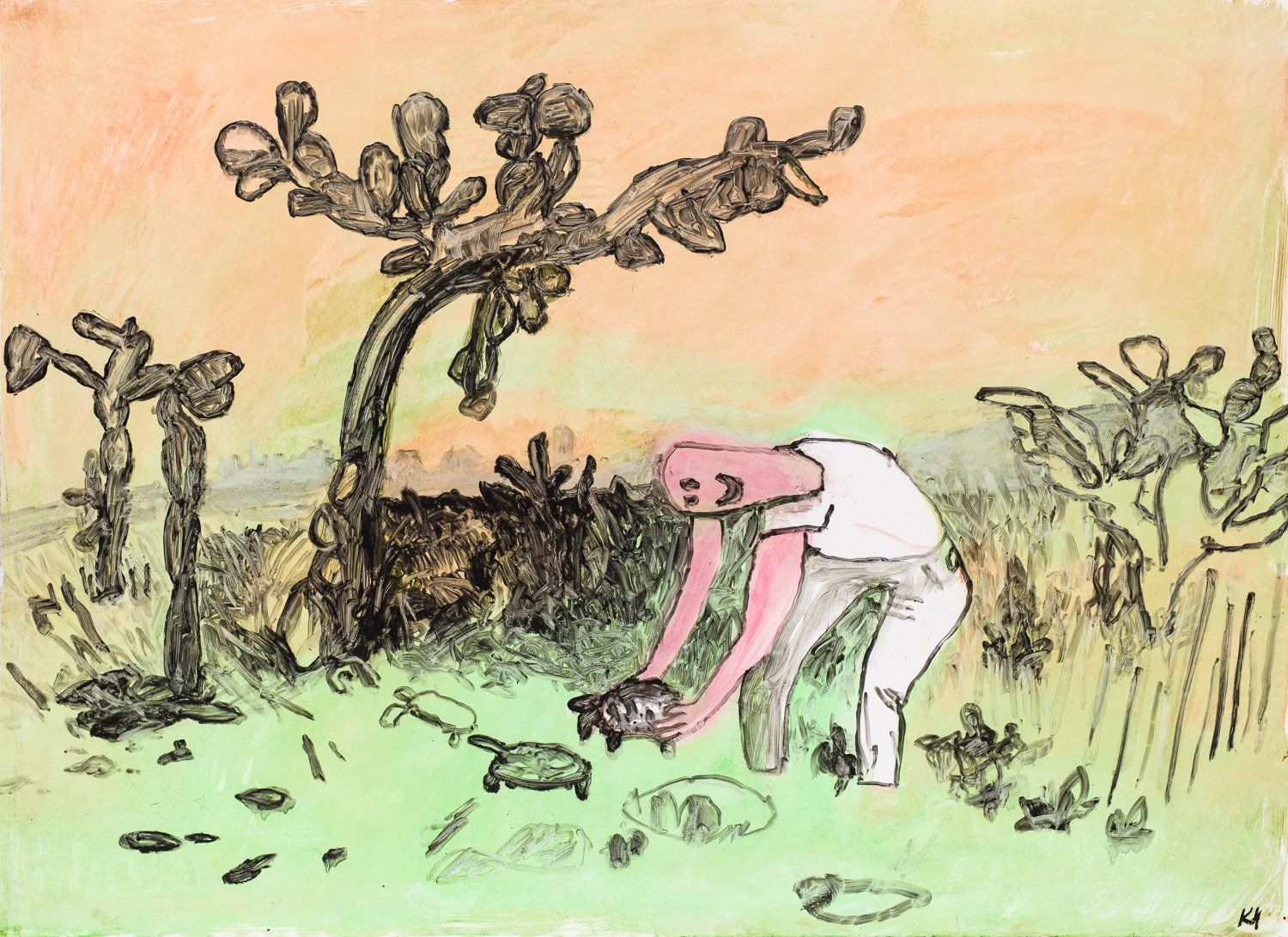A cartoon drawing of a man holding a turtle in a field.