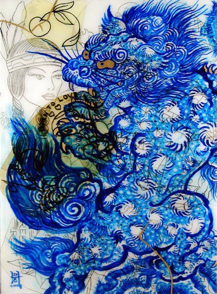 A painting of a blue lion with a woman in the background