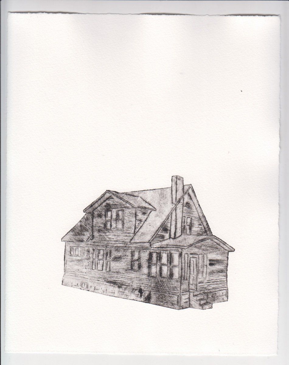 A black and white drawing of an old house