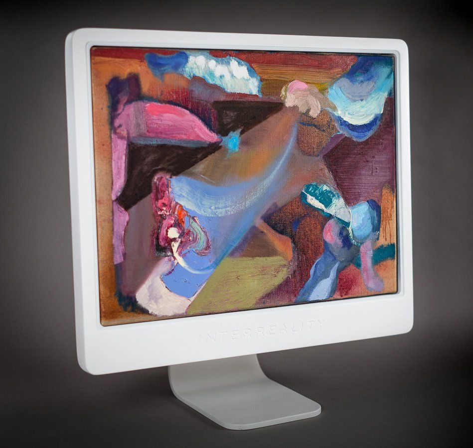 A computer monitor with a painting on the screen