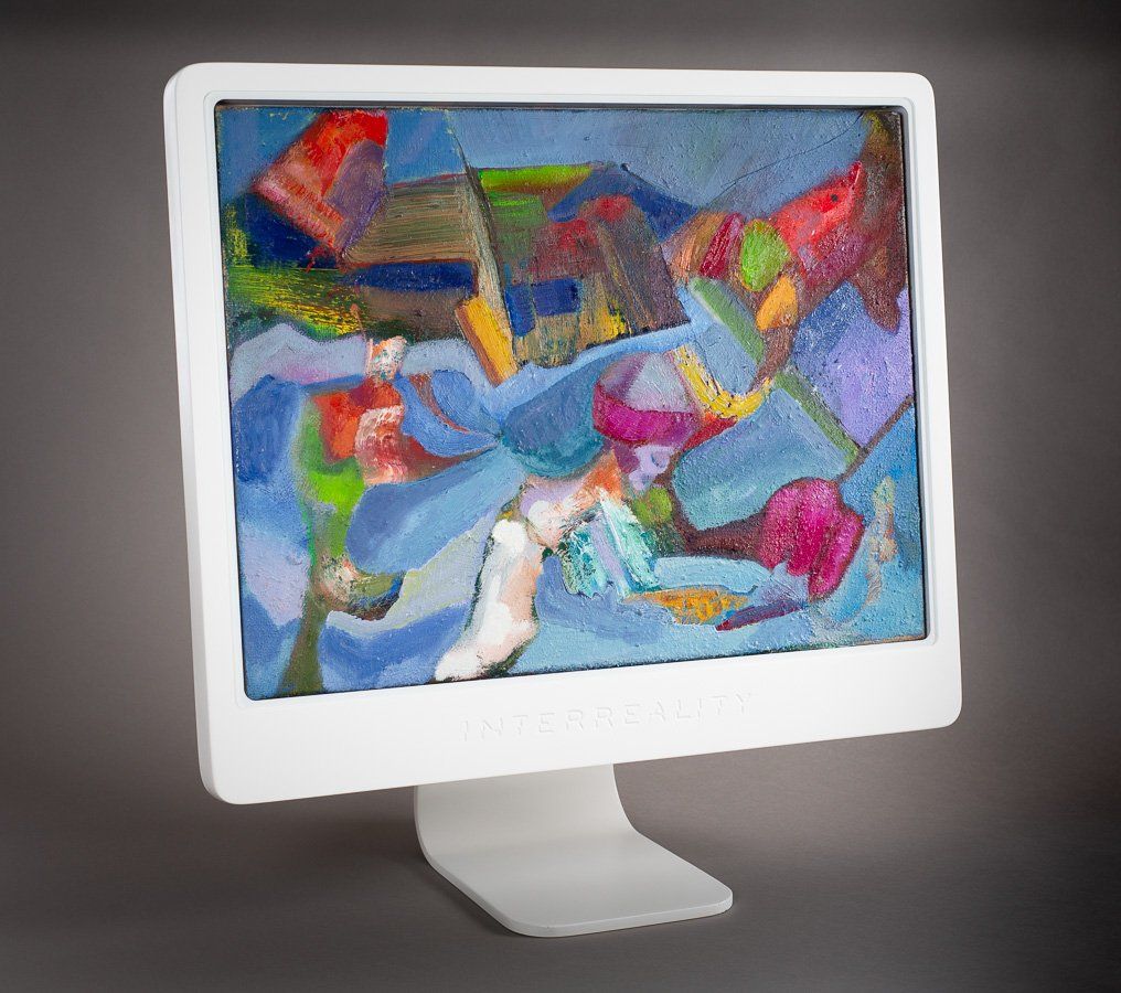 A computer monitor with a painting on the screen