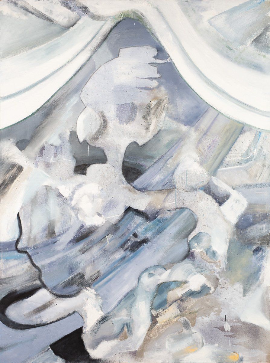 A close up of a painting of a skeleton on a white background.
