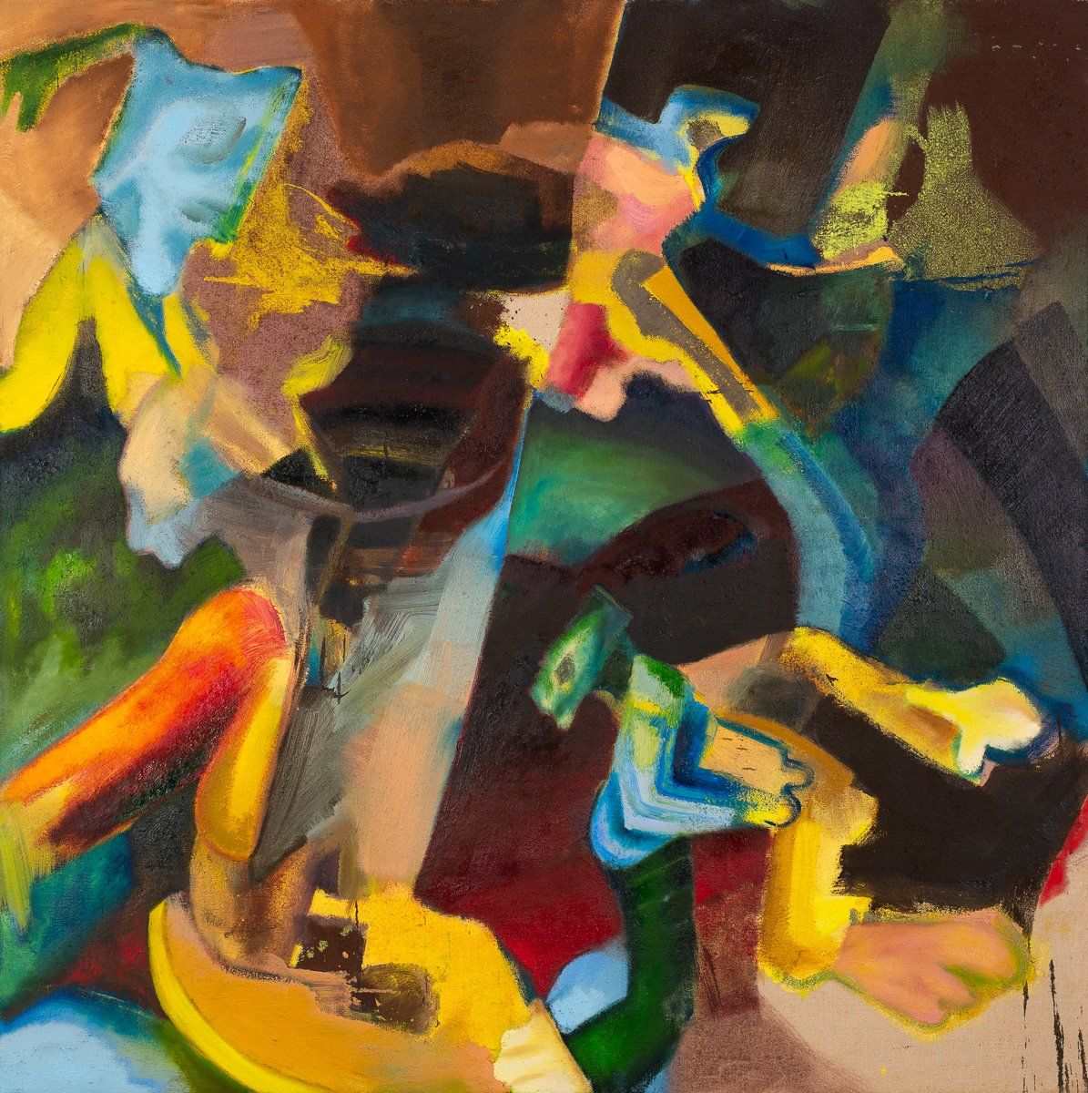 A close up of a colorful painting of a person holding a banana.