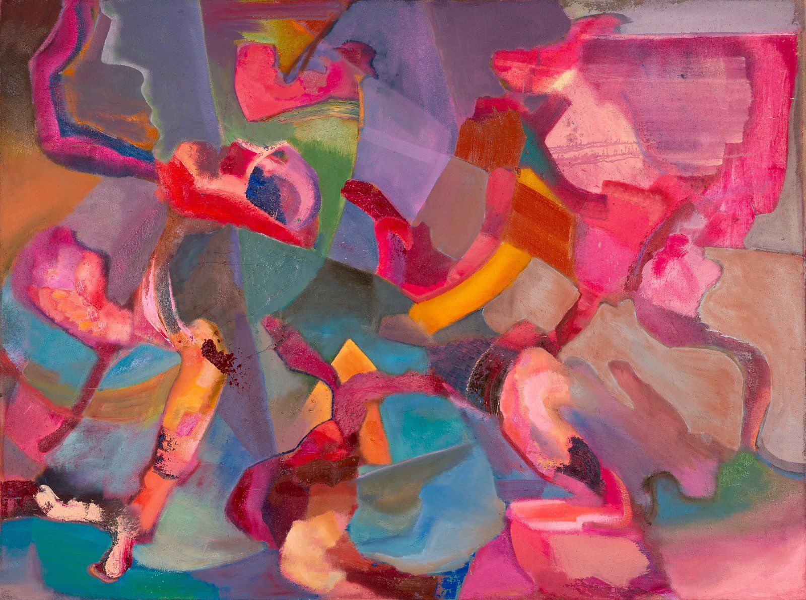 A close up of a colorful abstract painting on a canvas.