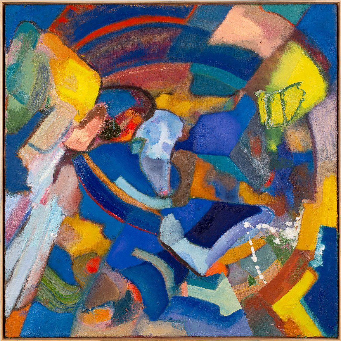 A colorful abstract painting with a blue background
