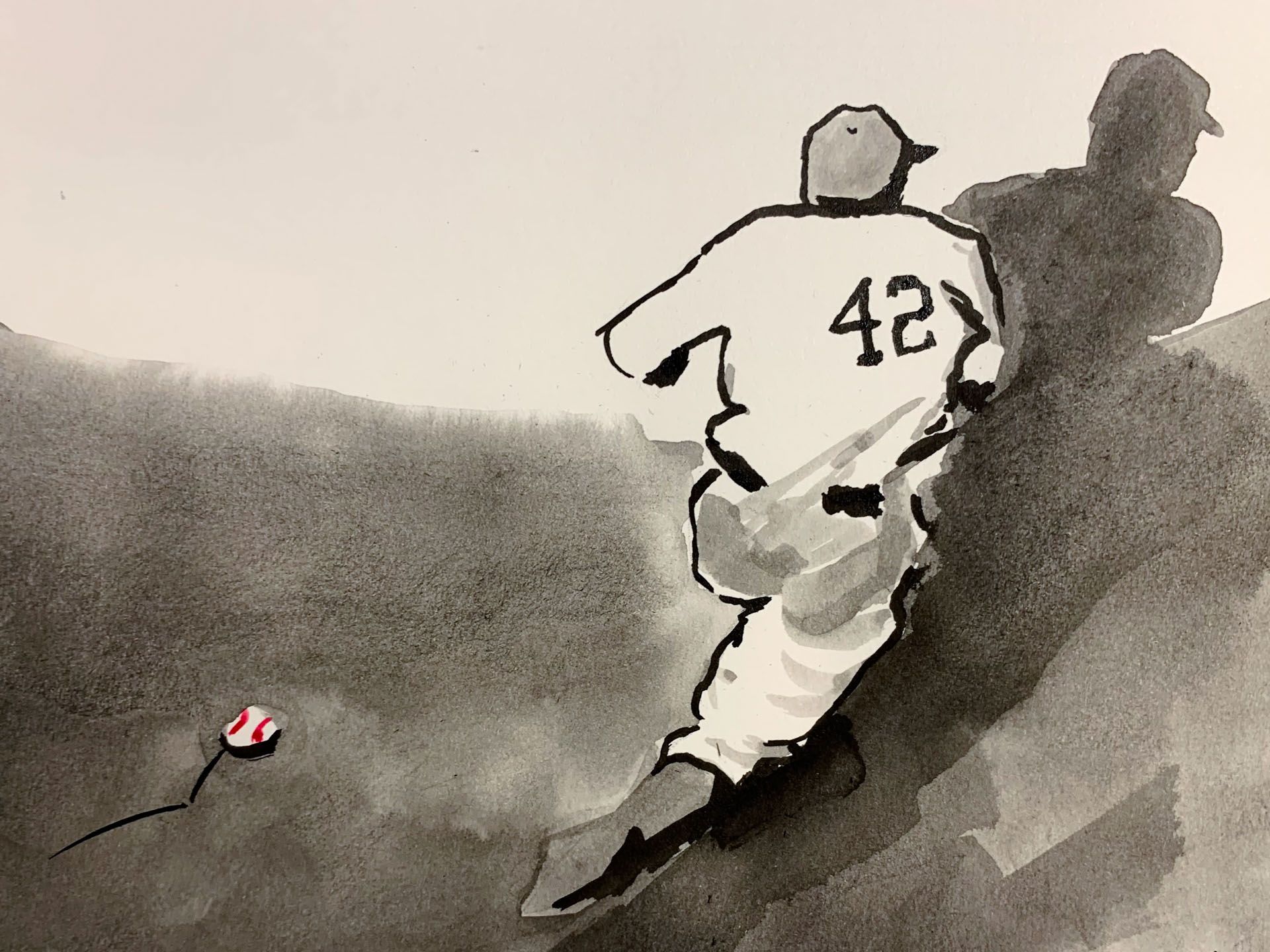 A drawing of a baseball player with the number 42 on his back