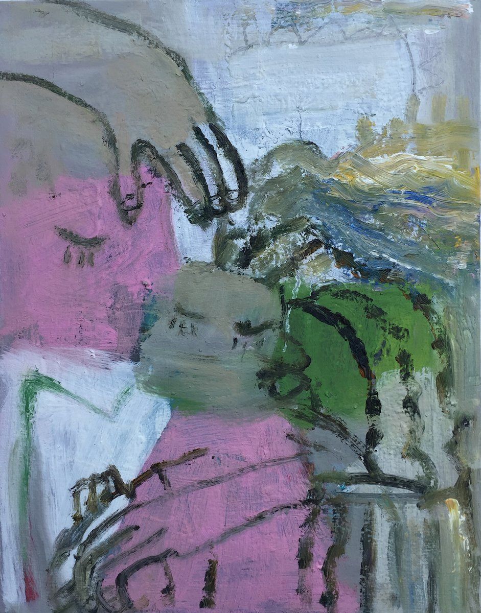 It is a painting of a person holding a pink object.