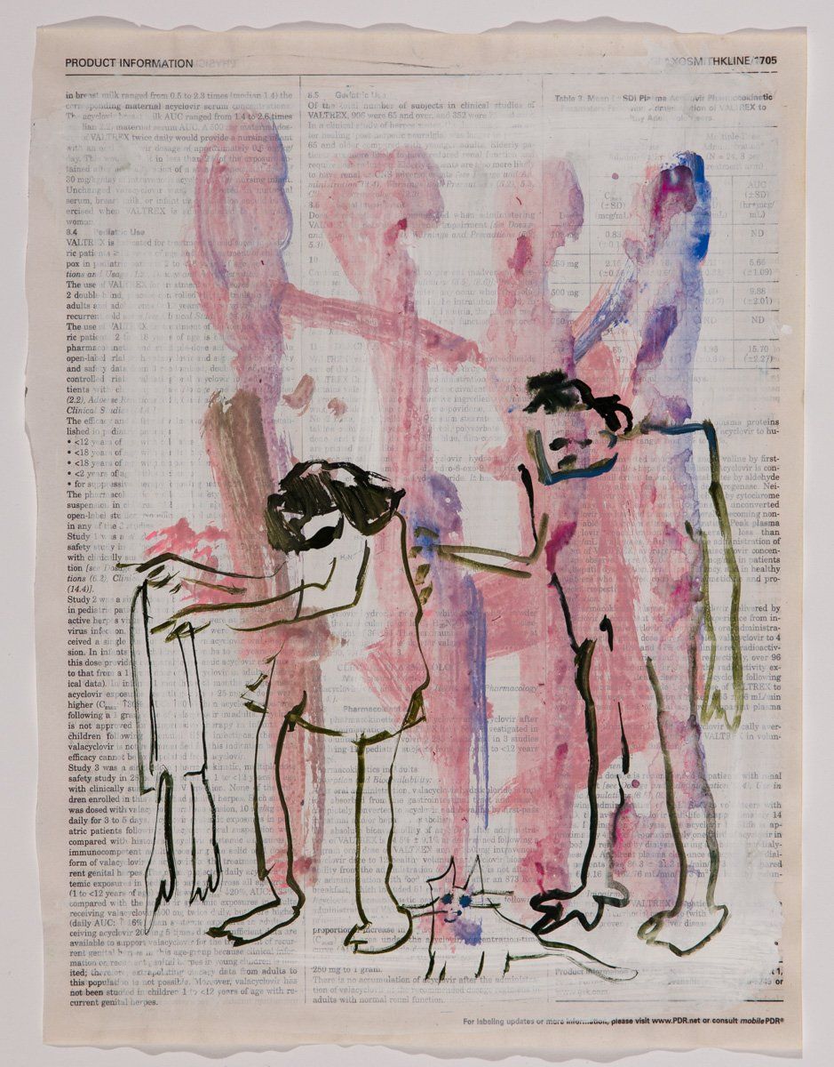 A drawing of two people over a page of text.
