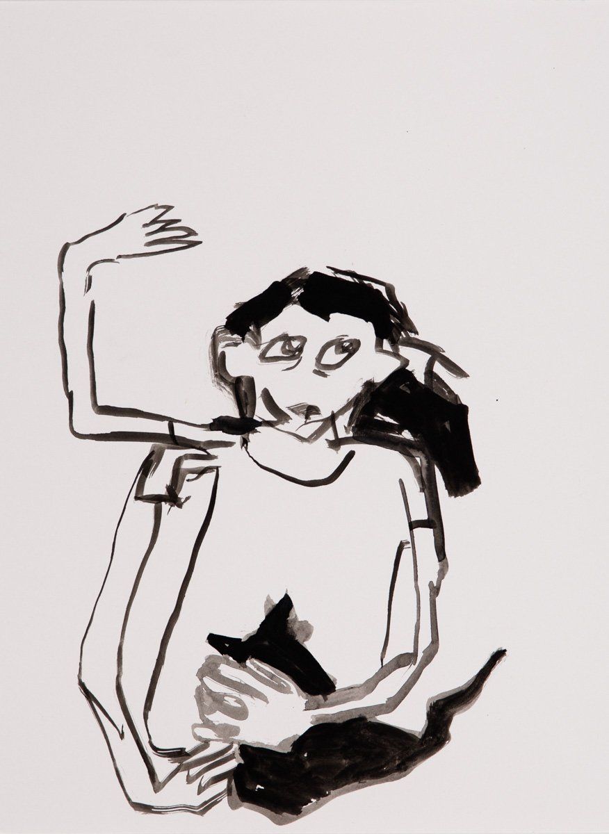 A black and white drawing of a woman holding a cat