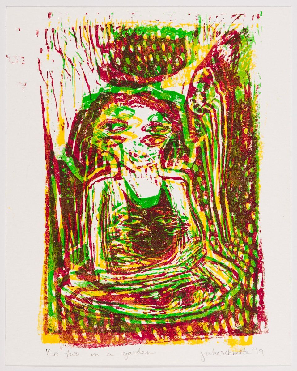 A colorful painting of a woman sitting in a chair.