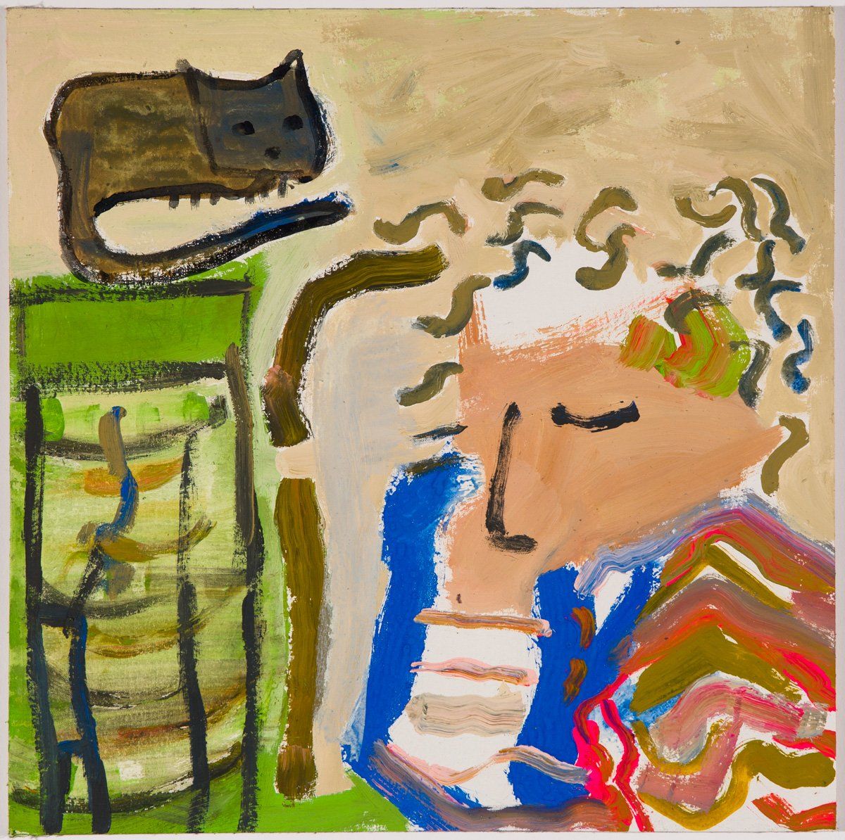 A colorful painting of a man and a cat