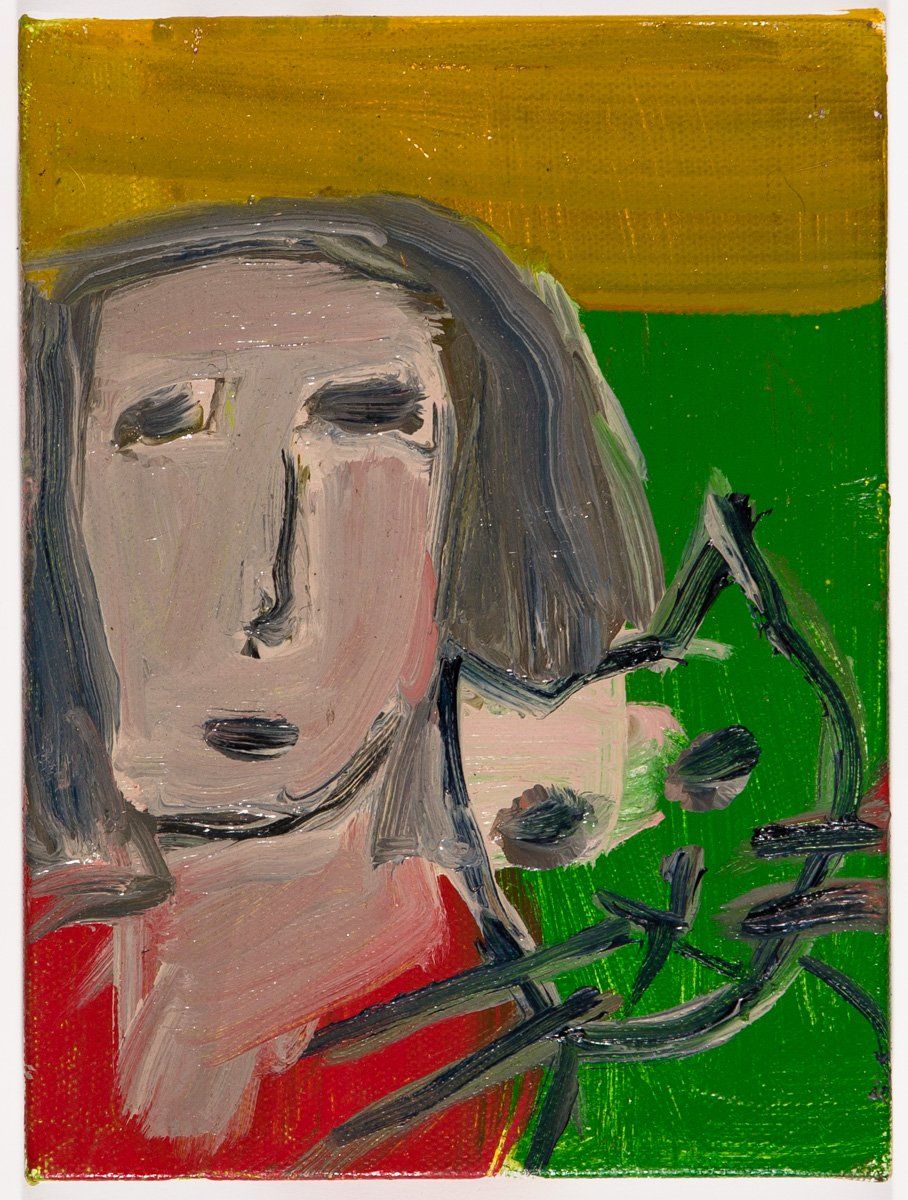 A painting of a woman holding a cat on a green background.