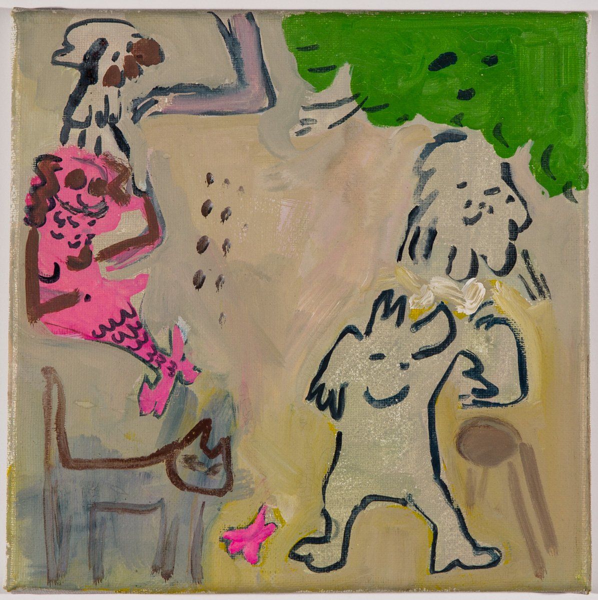 A painting of a woman in a pink dress and a man in a white shirt