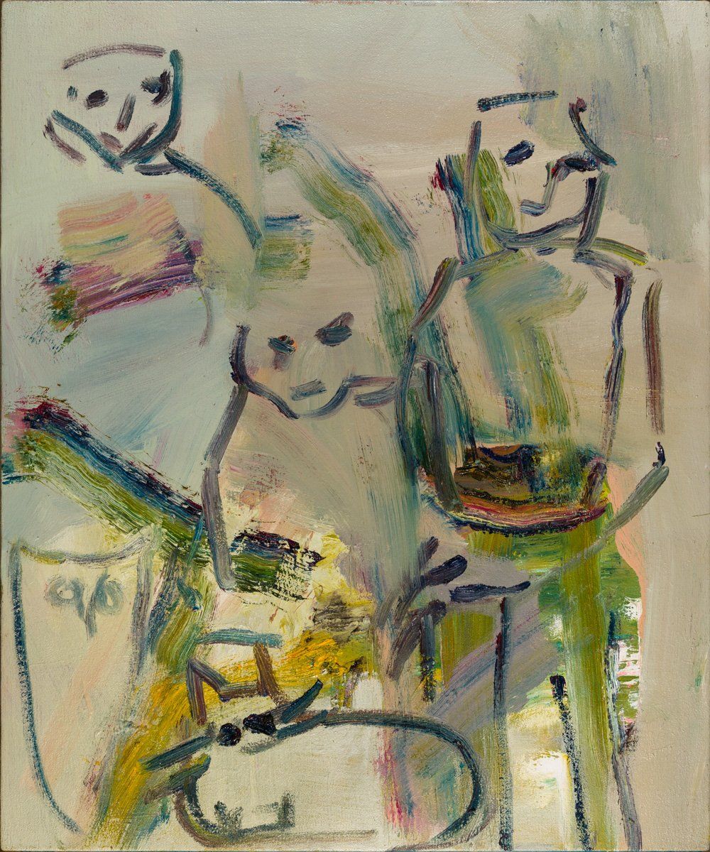 A painting of three people standing next to each other