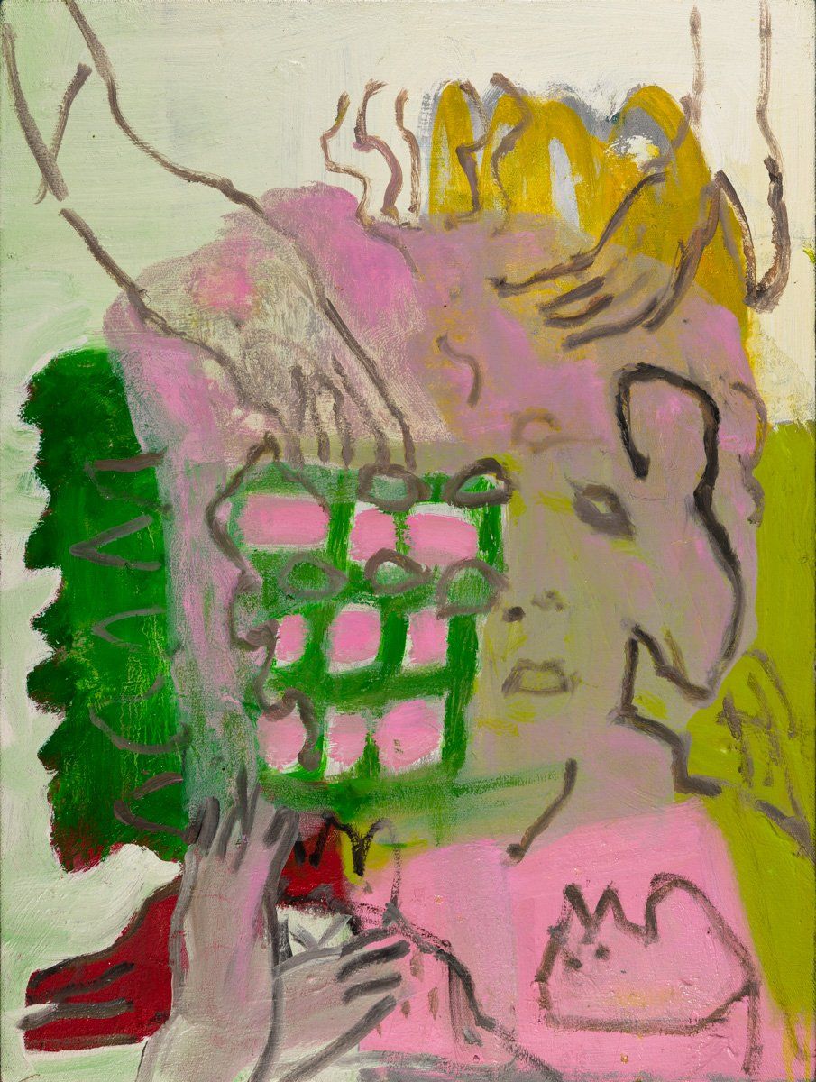 A painting of a woman with a pink and green face
