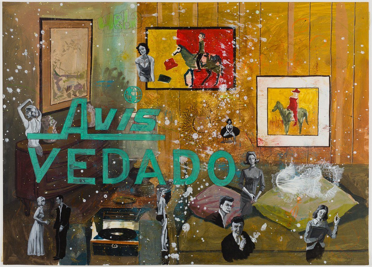 A painting of a living room with the words avis vedado on it