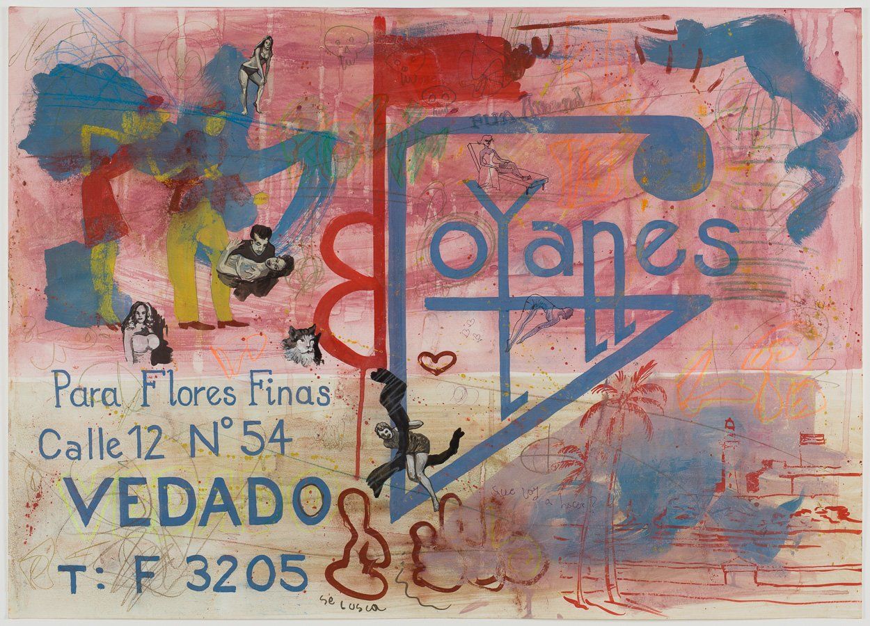 A colorful painting with a blue triangle and the words para flores finas calle 12 n 54 vedado t f3205