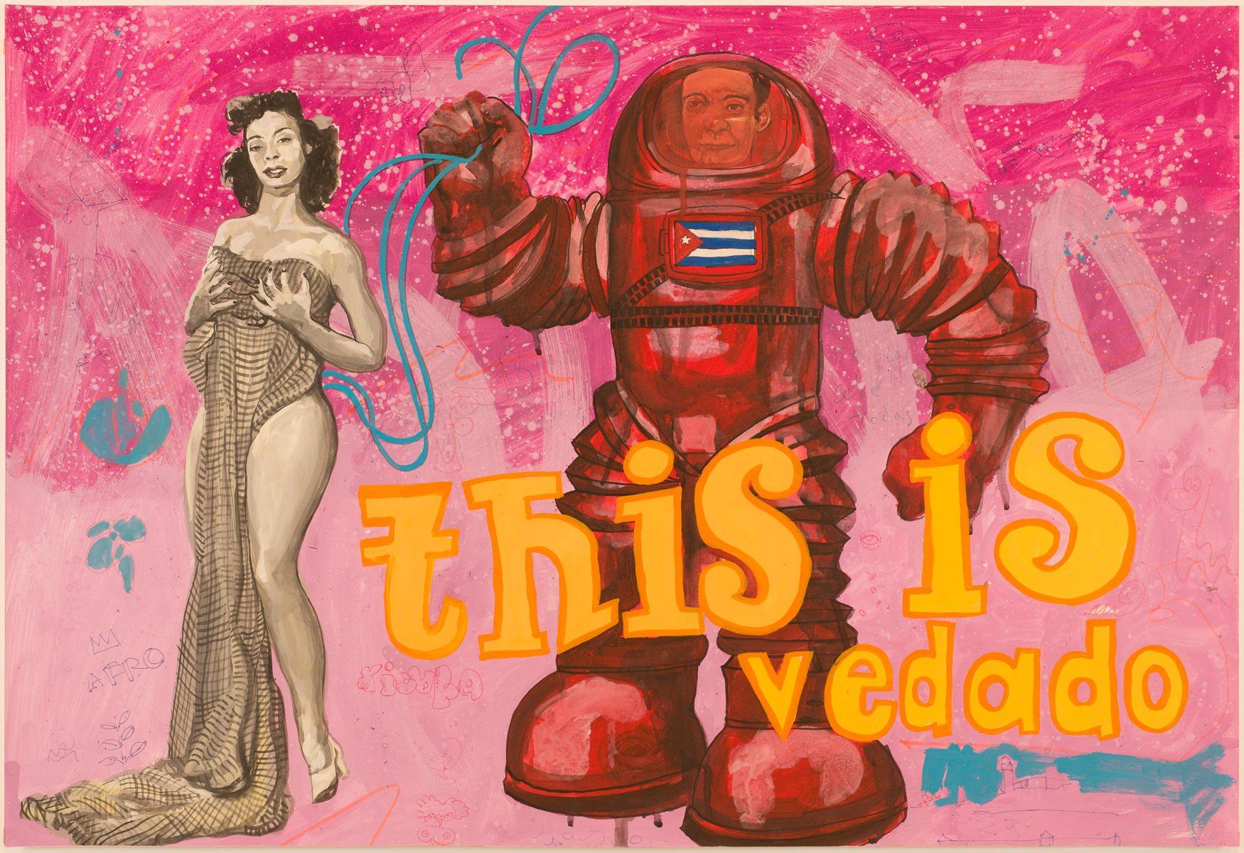 A woman is standing next to a robot that says this is vedado