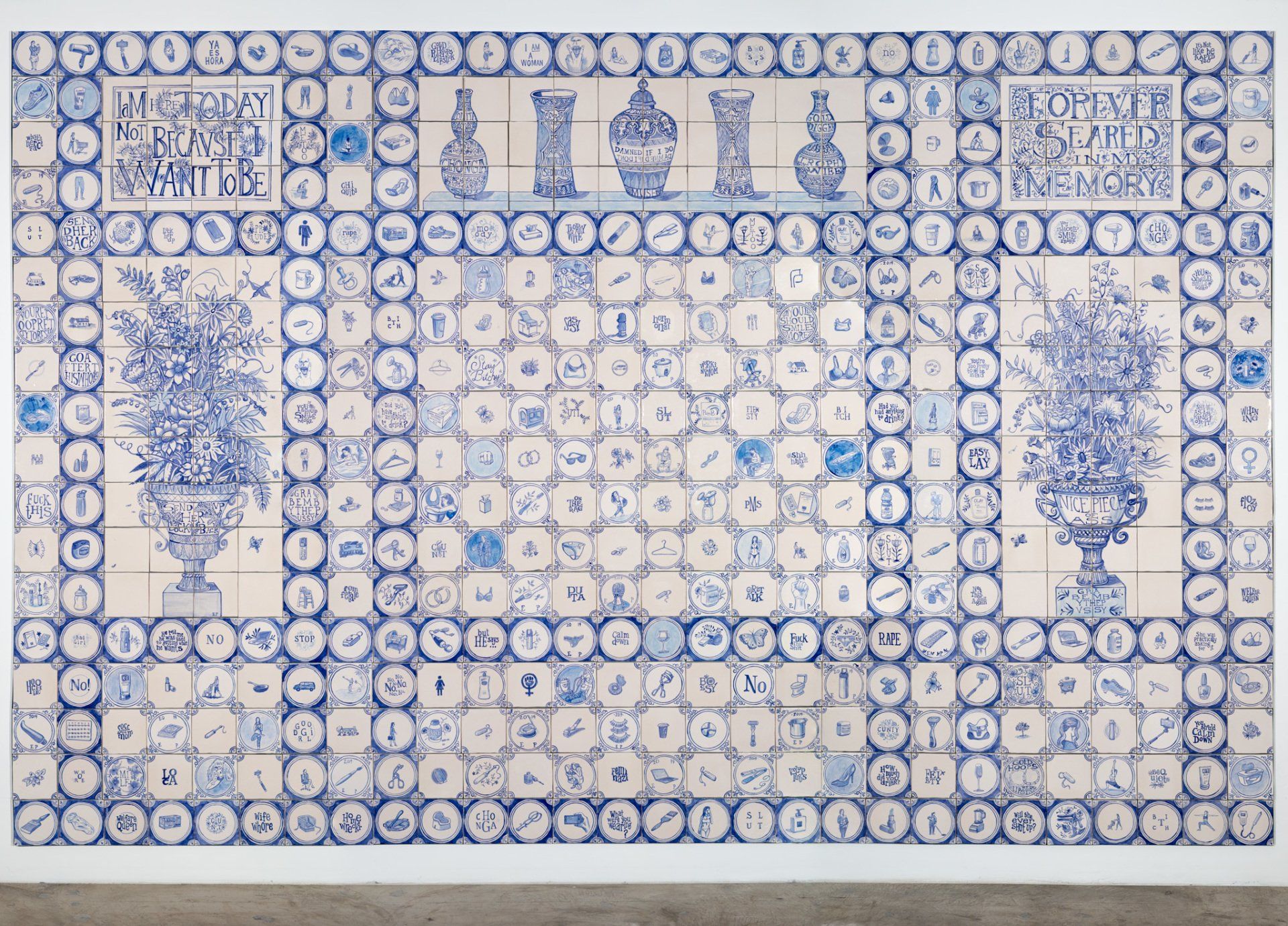 A painting of a map of the world with blue and white circles
