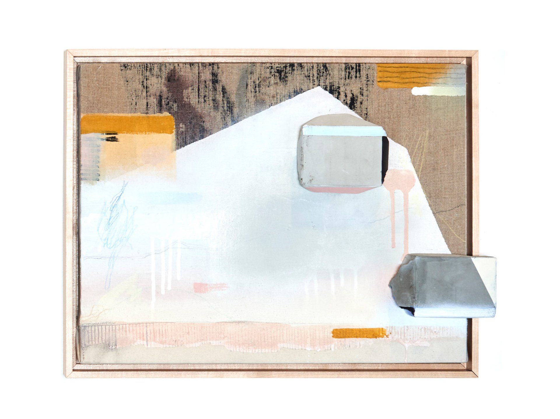 A painting in a wooden frame on a white background.