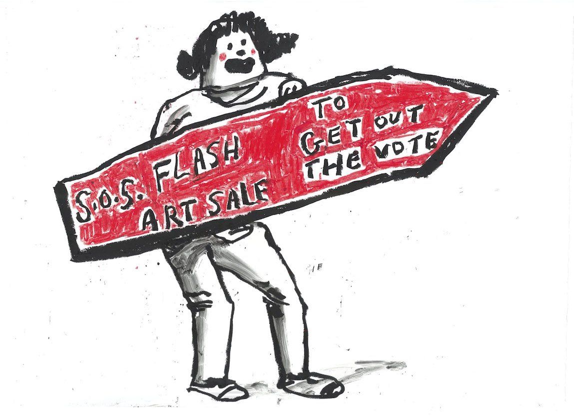 A cartoon of a person holding a sign that says to get out the vote
