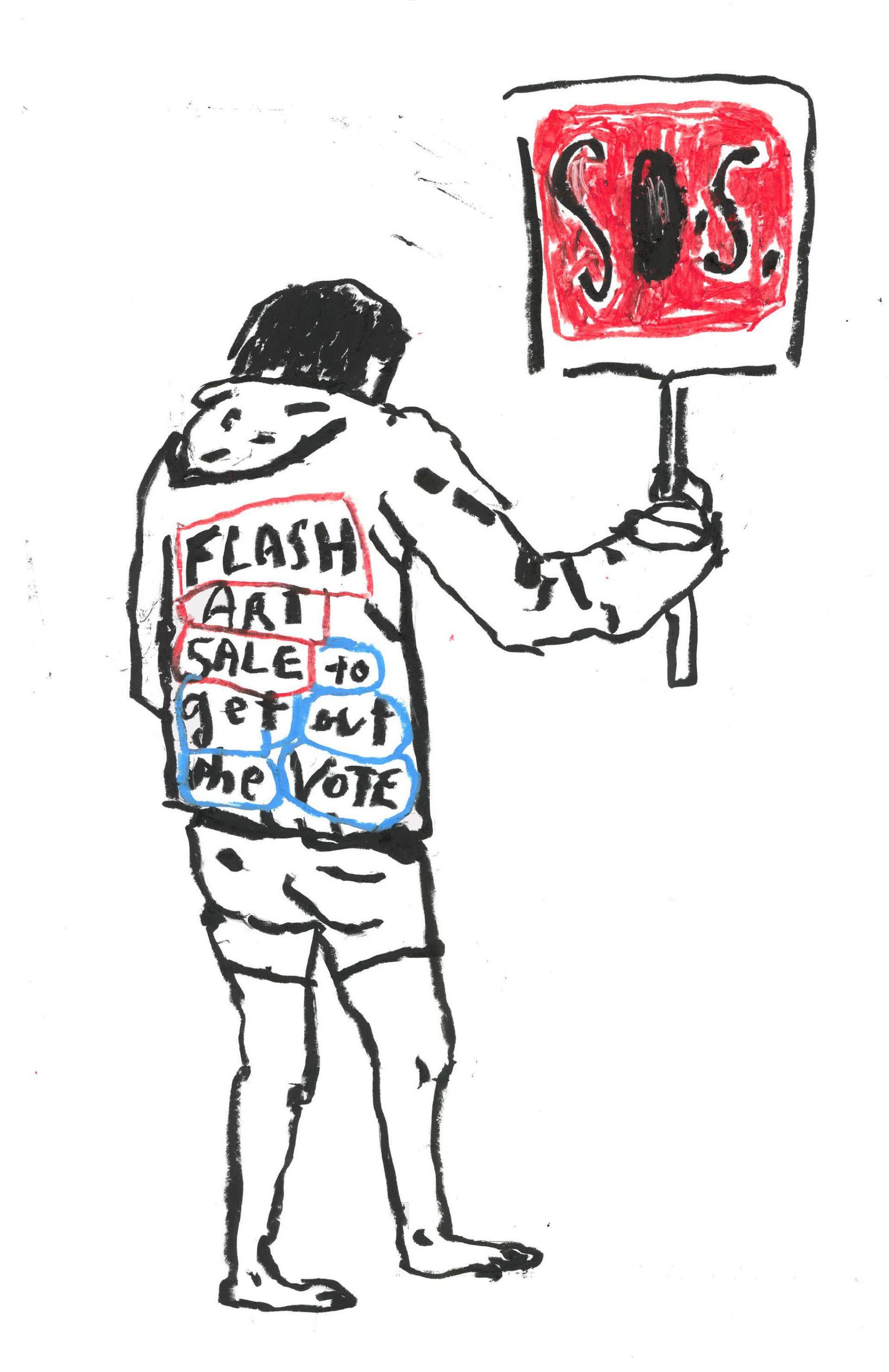 A drawing of a person holding a sign that says sos