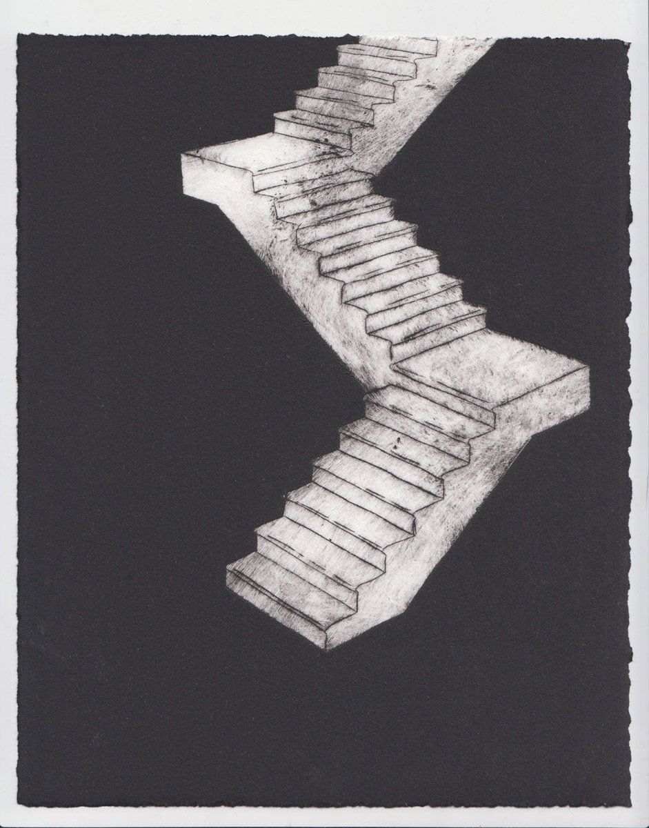 A black and white drawing of stairs on a black background