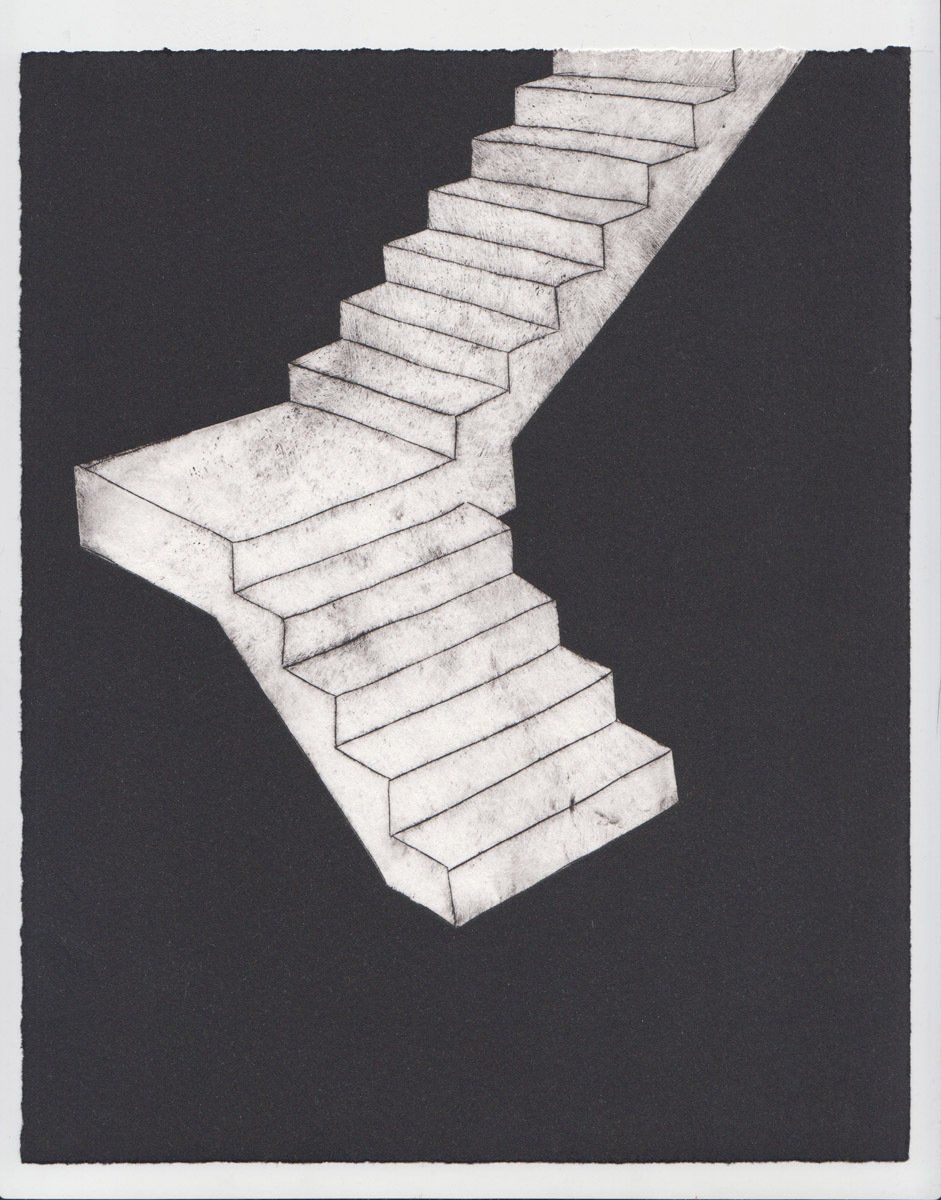 A drawing of a staircase on a black background