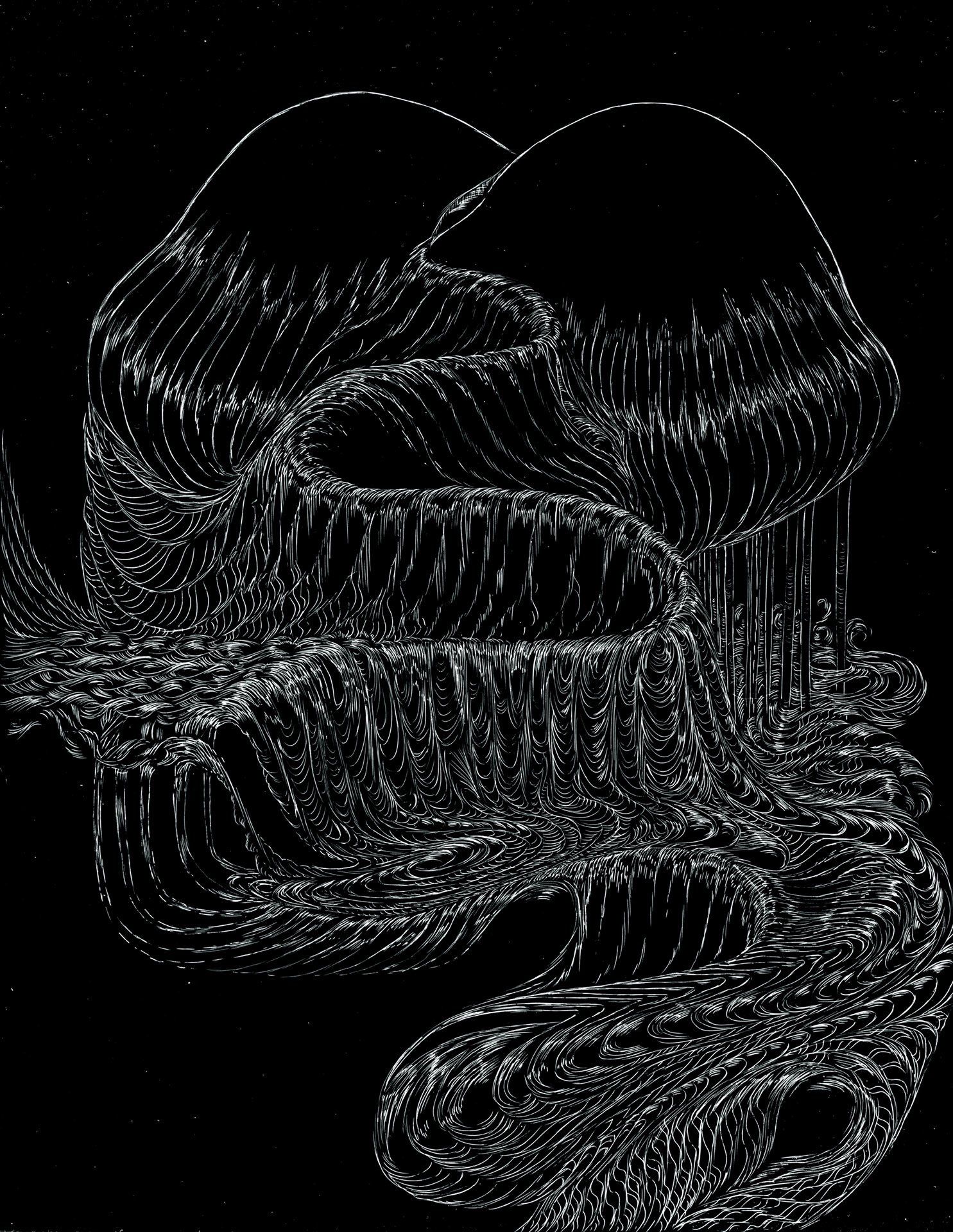 A black and white drawing of a snake on a black background