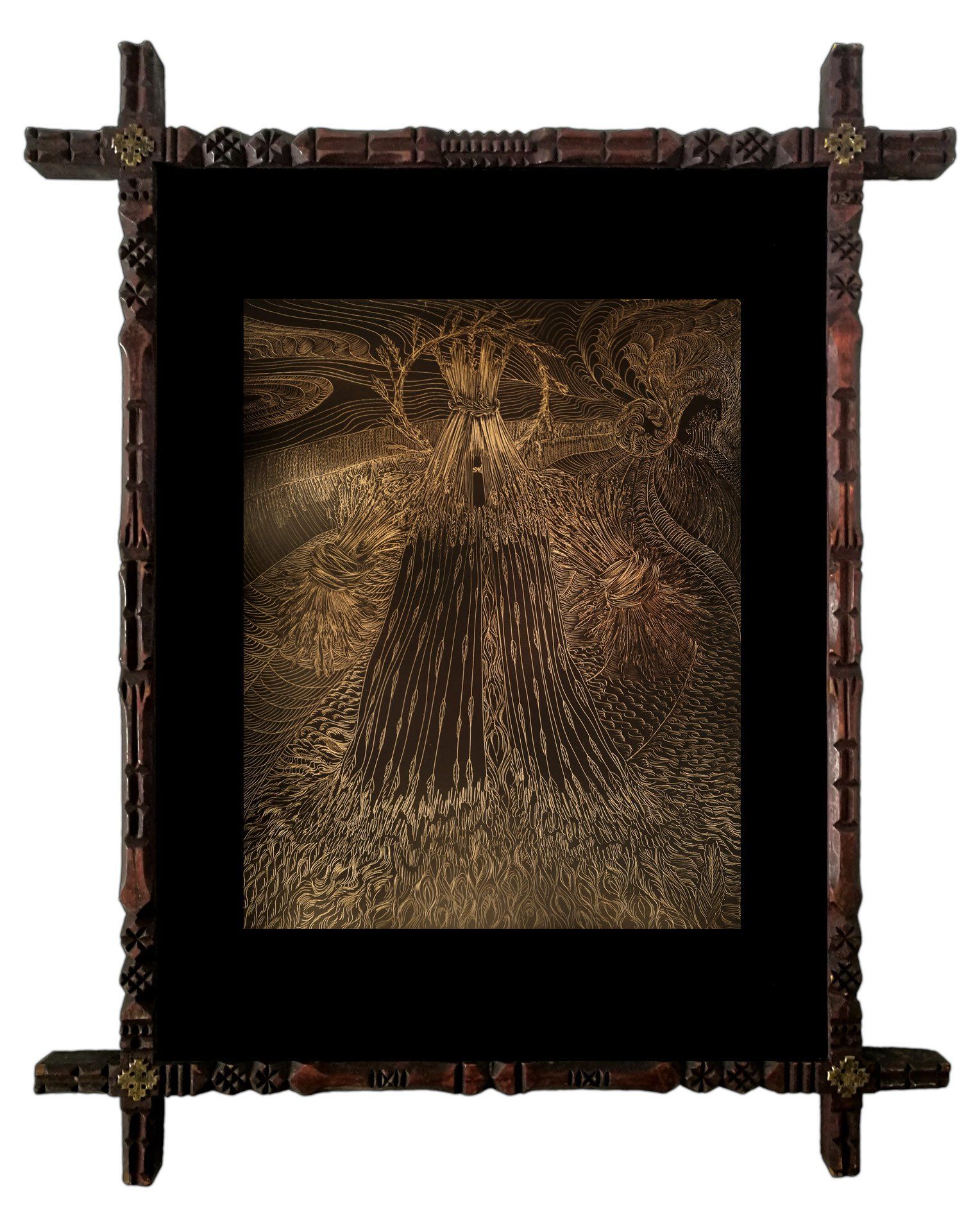 A painting in a wooden frame on a white background.