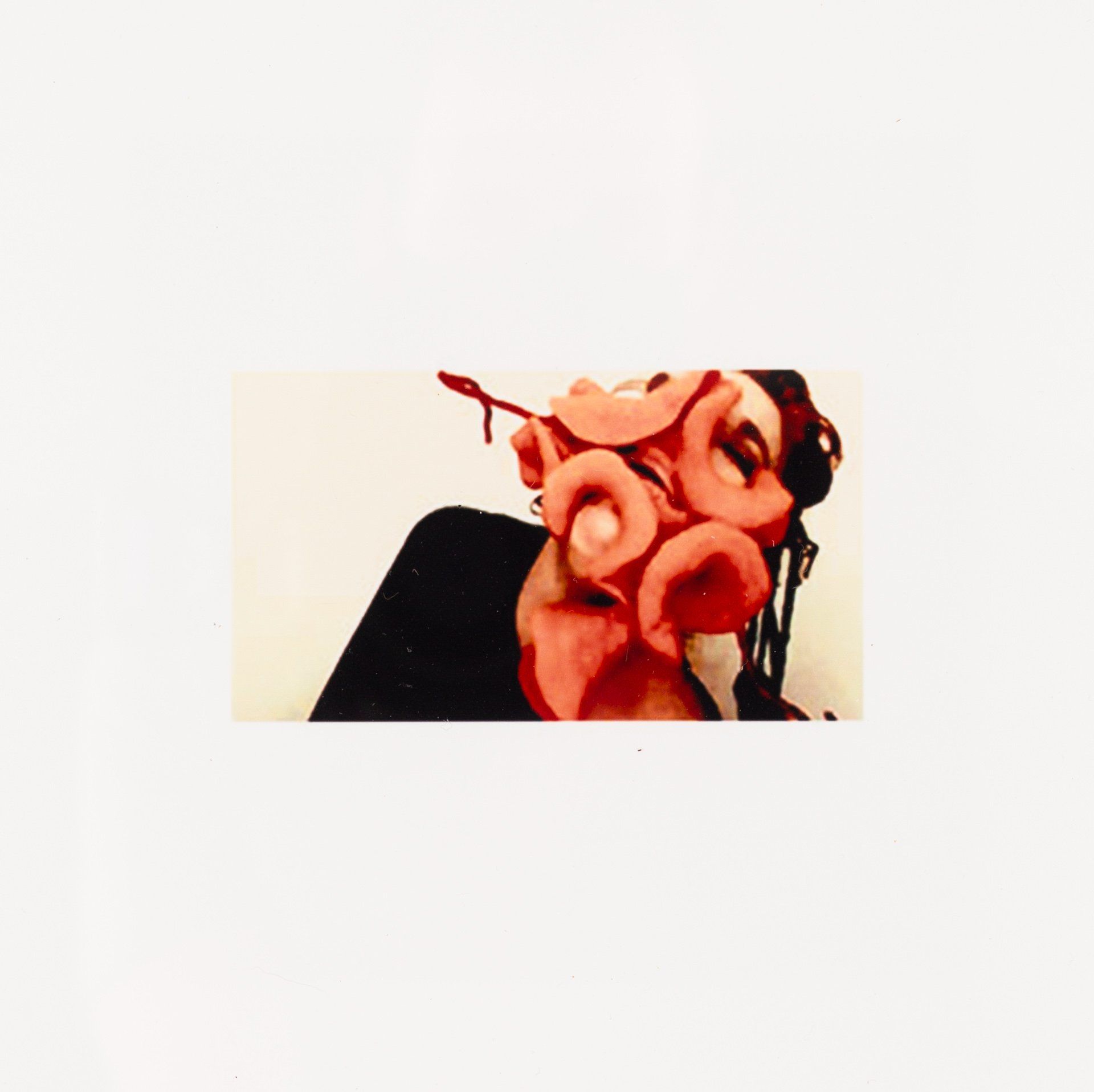 A close up of a person 's face with red flowers on it