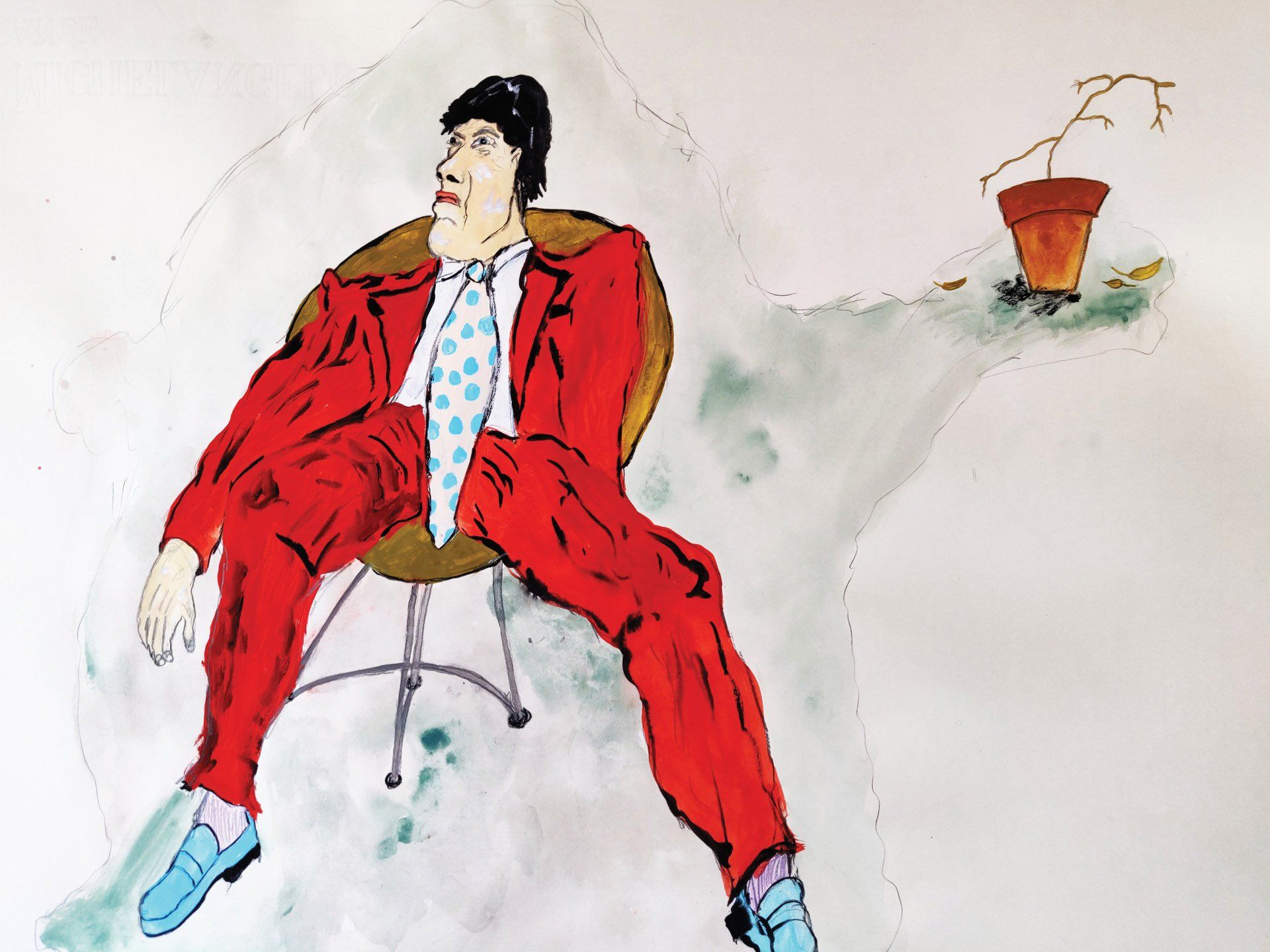 A man in a red suit is sitting in a chair next to a potted plant.