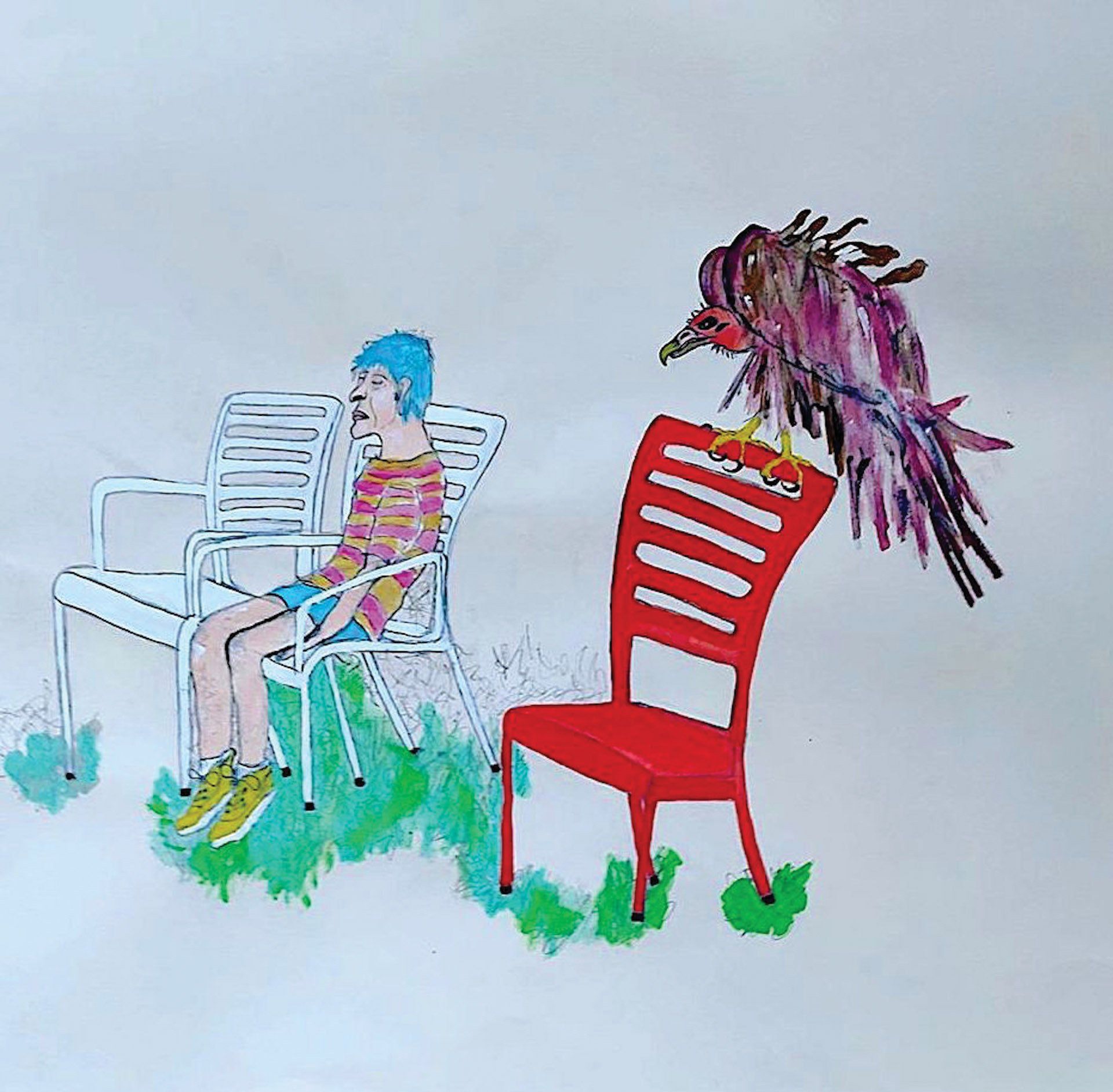 A drawing of a girl sitting in a chair next to a red chair with a bird on it